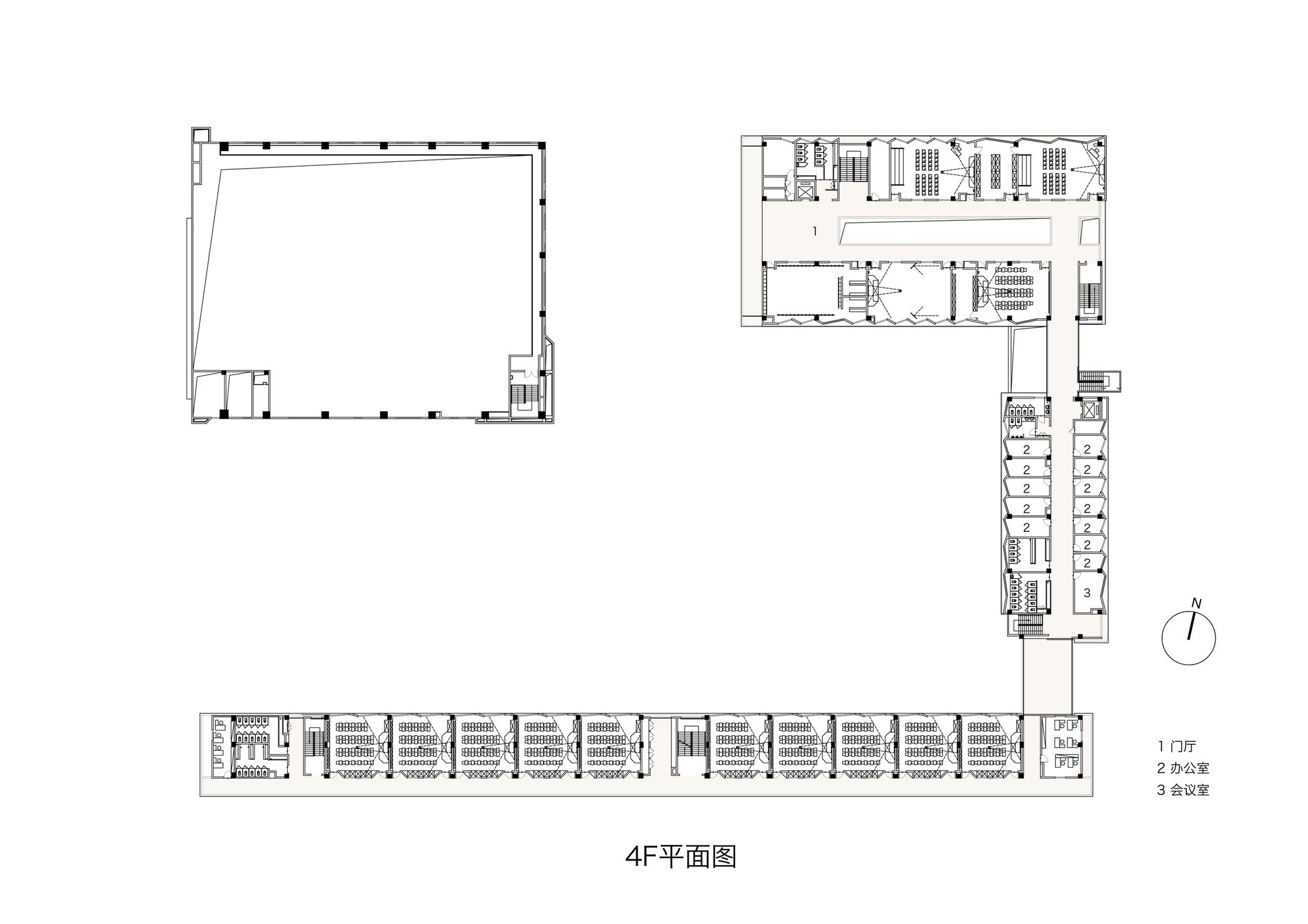 Floor plan drawing showing a U-shaped campus layout with a courtyard and interconnected classroom wings