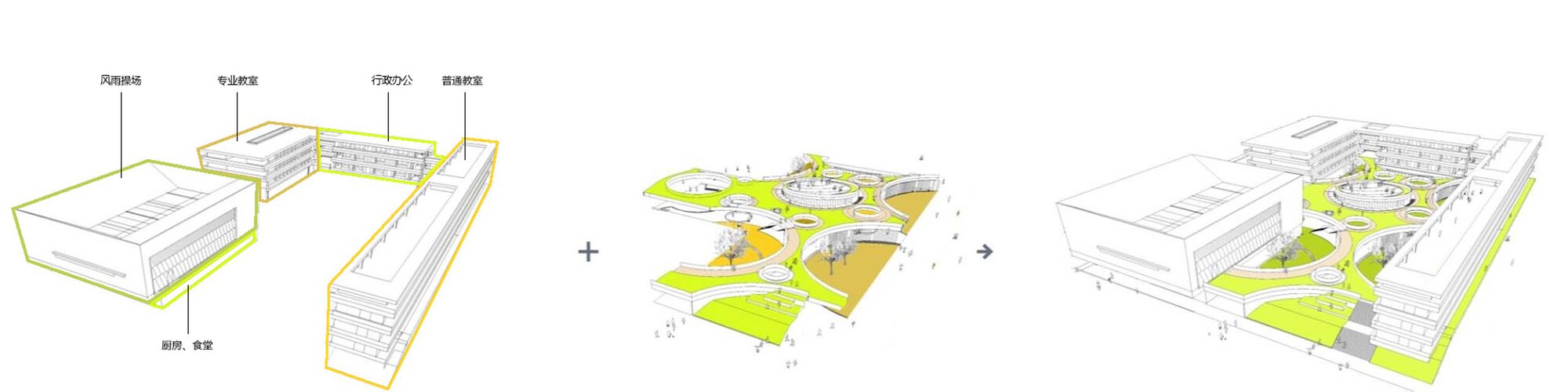 Axonometric drawing illustrating the massing strategy with highlighted courtyards and planted terraces between building volumes