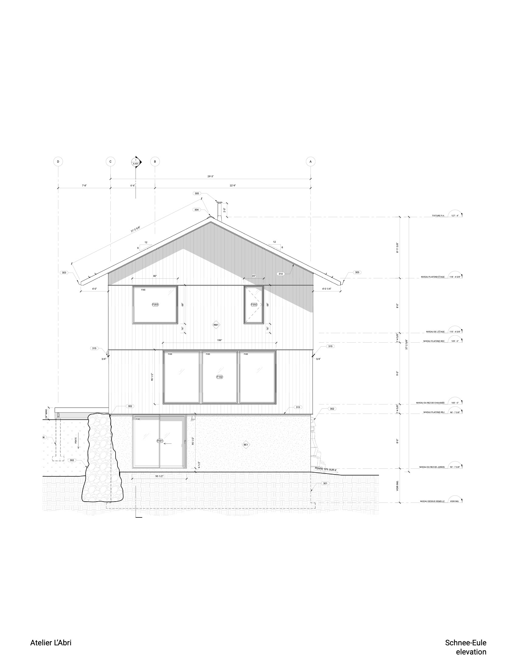 Elevation drawing showing a three-story house with vertical cladding and a tree at the base