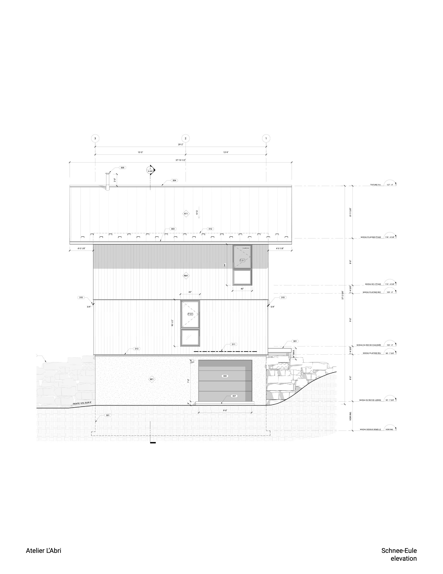 Elevation drawing showing the rear facade with terraced levels and vertical siding