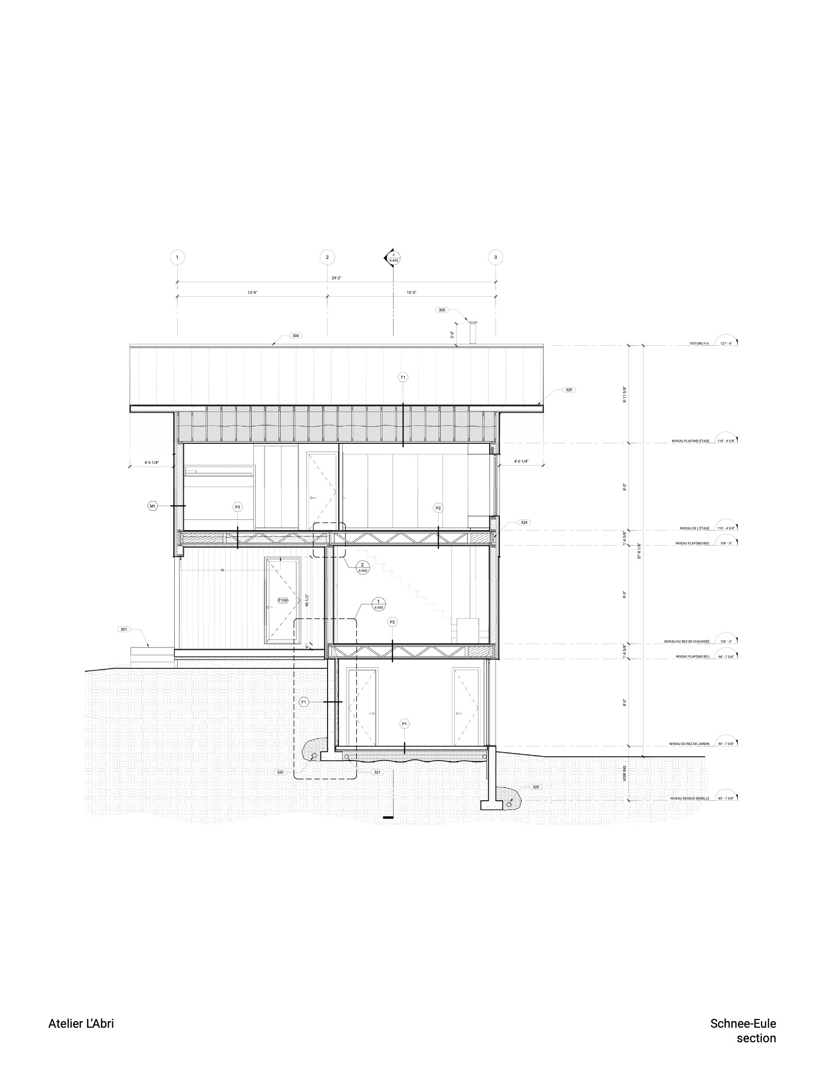 Section drawing revealing the internal layout across three floors with stairs and roof structure
