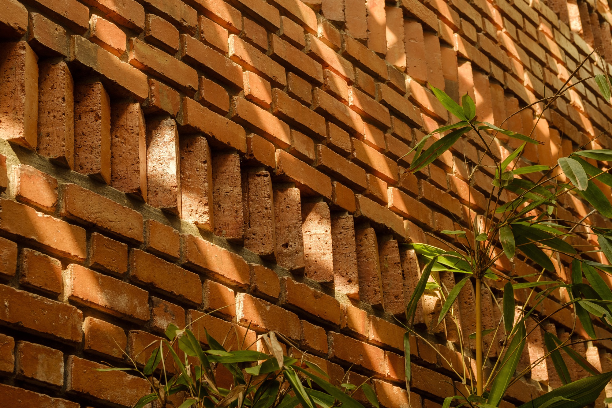 Close-up of projecting brick coursing creating a textured wall pattern with bamboo leaves casting shadows in sunlight