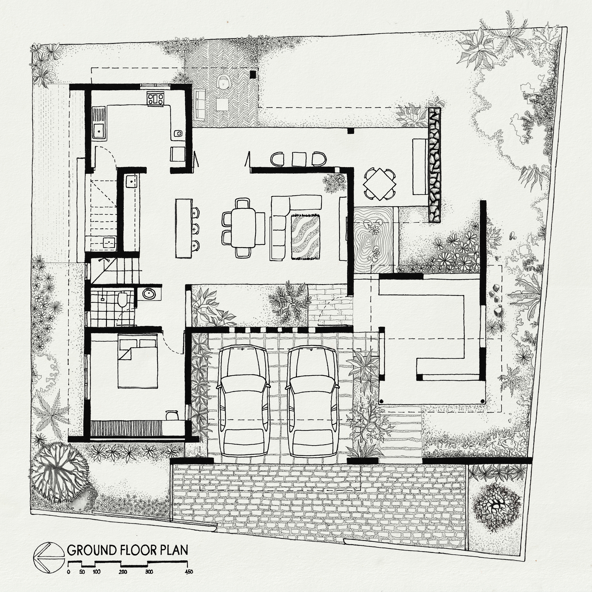 Ground floor plan drawing showing open living and dining areas with double carport and landscaped courtyard