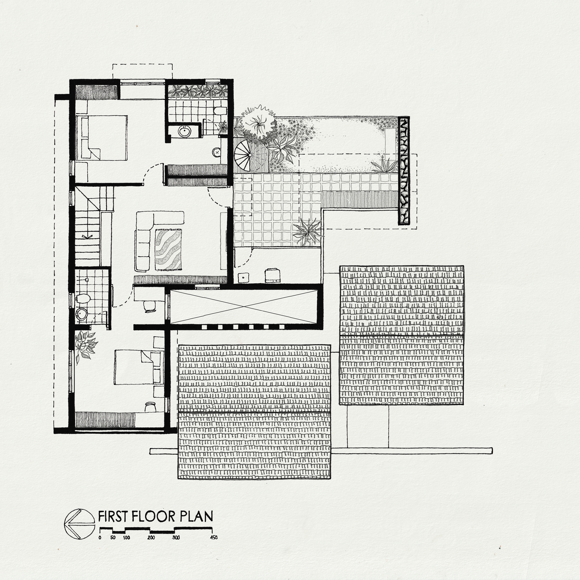 First floor plan drawing showing bedroom suite with terrace and stair connection to sloped tiled roofs below