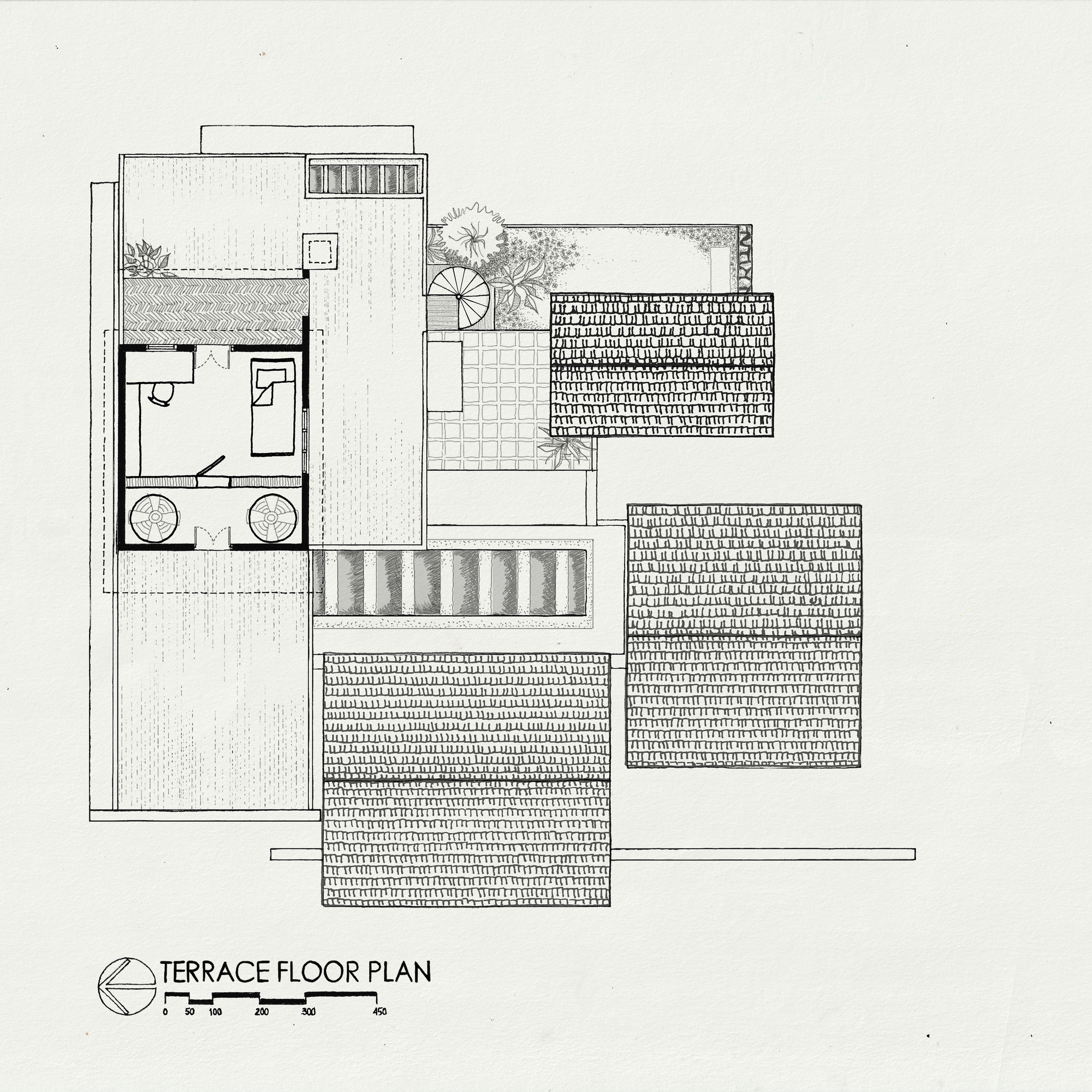 Terrace floor plan drawing showing a bathroom, courtyard, pool, and planted areas with varied paving textures