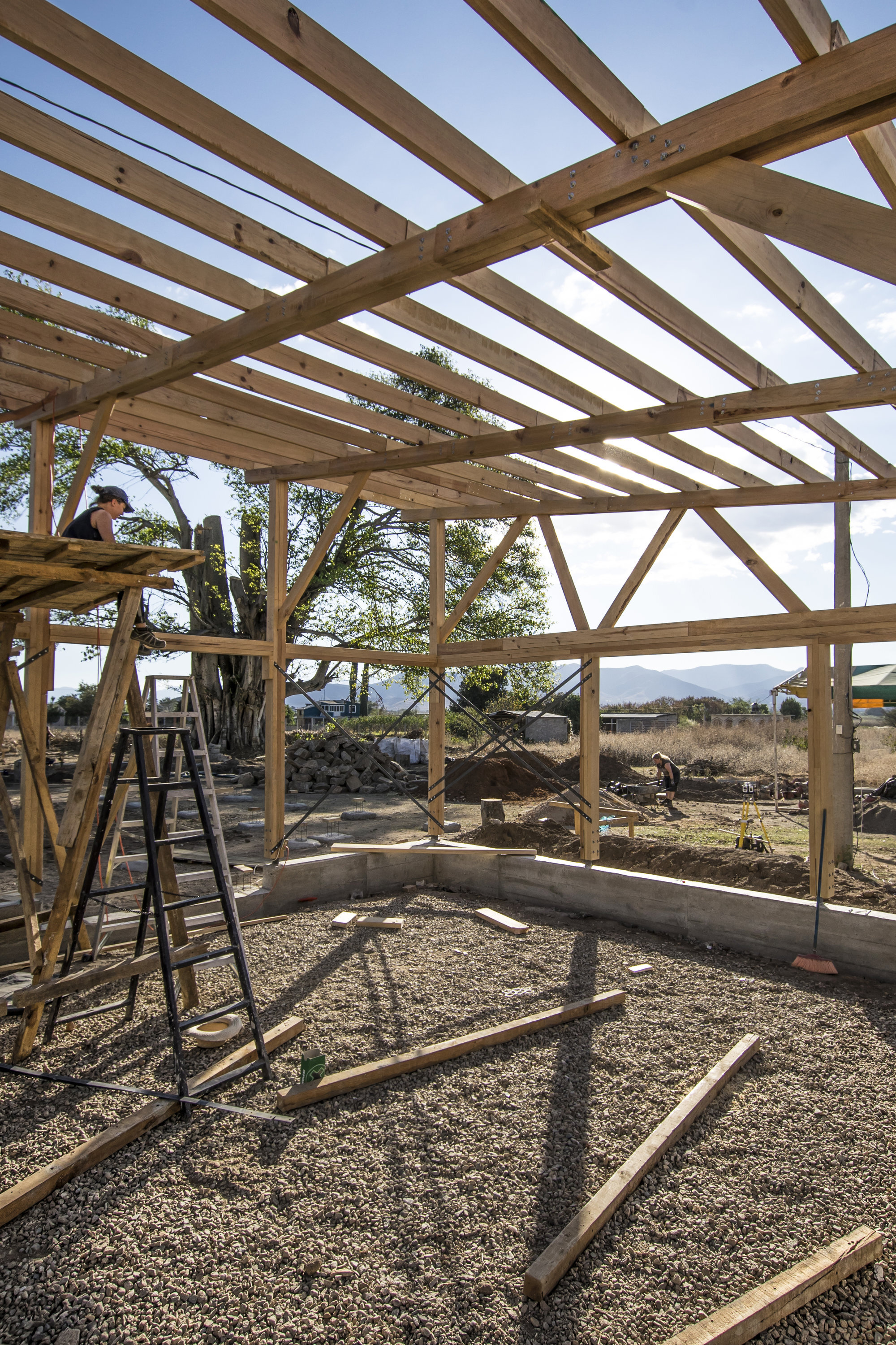 Exposed timber frame structure under construction with diagonal bracing and workers on ladders beneath open sky