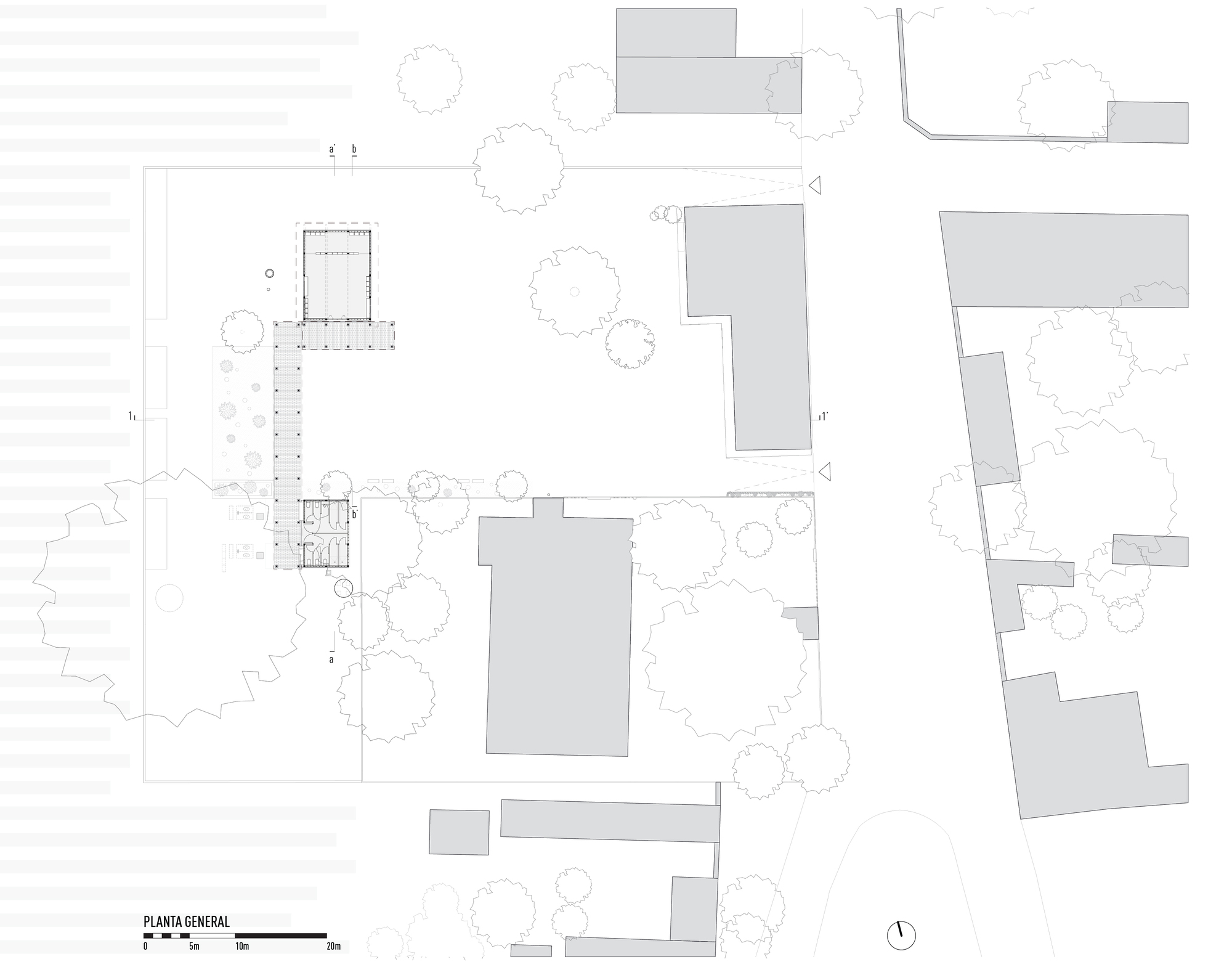 General plan drawing depicting a single structure among existing buildings and tree canopies