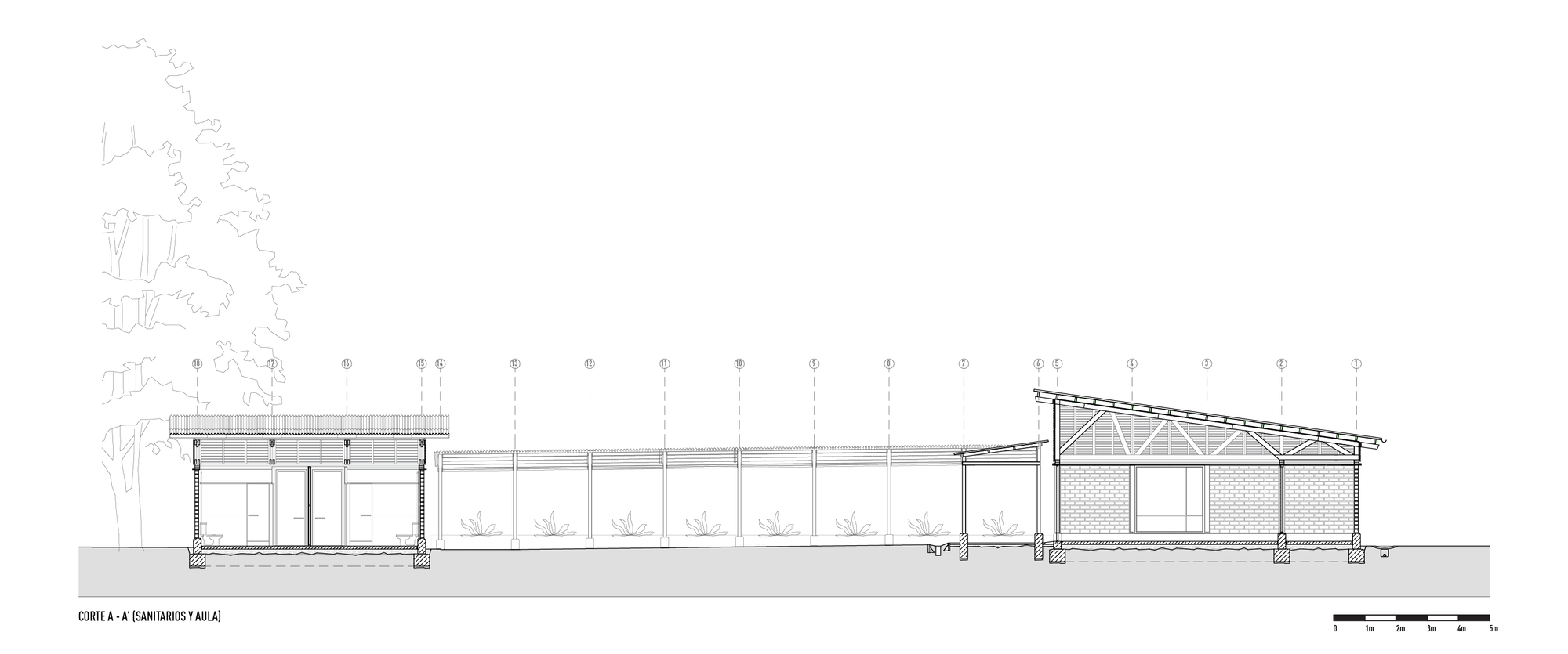 Section drawing showing a timber colonnade connecting a two-story volume to a lower pavilion