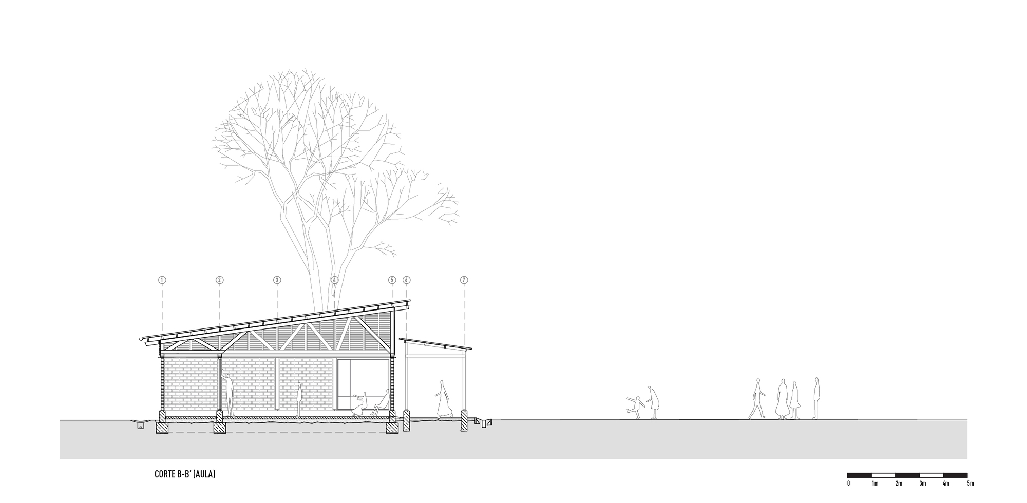 Section drawing of a single-story structure with exposed roof trusses and masonry walls