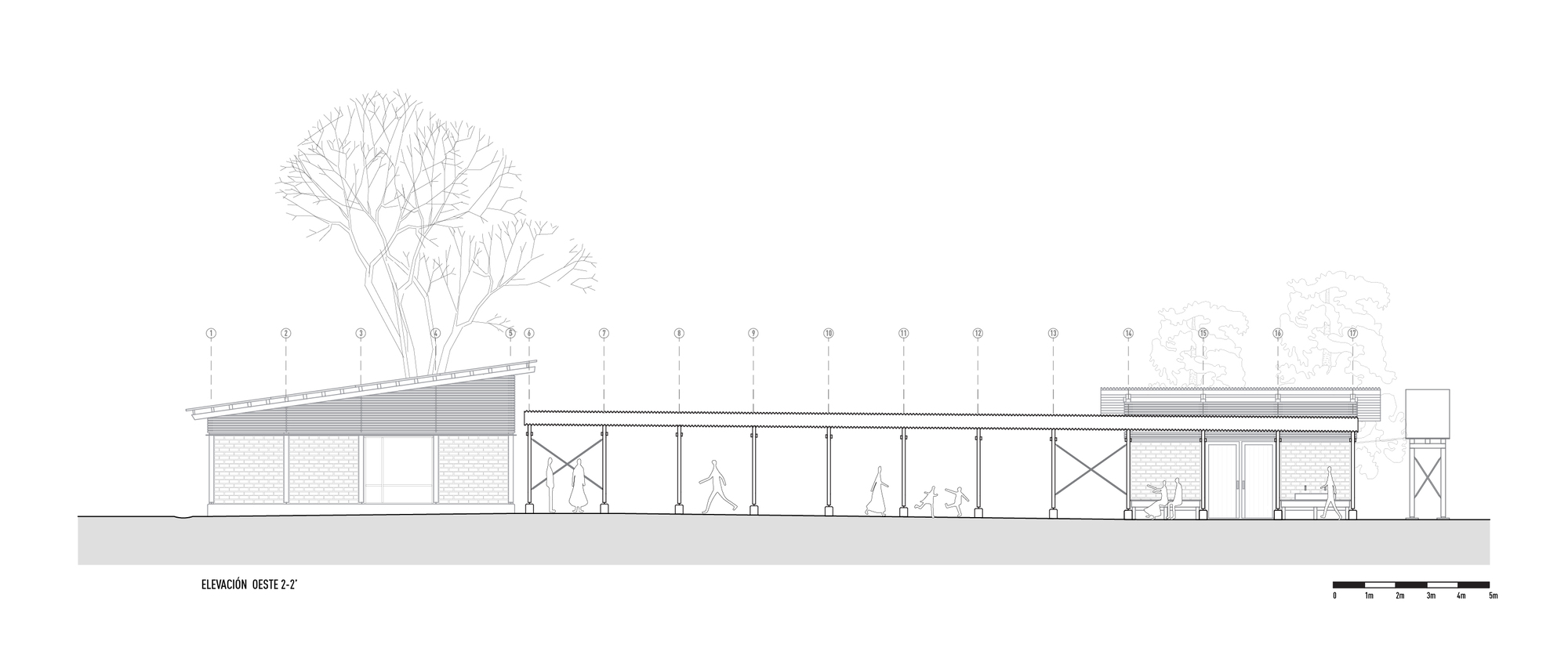 Elevation drawing showing the full length of the linear pavilion with repeating columns and trees