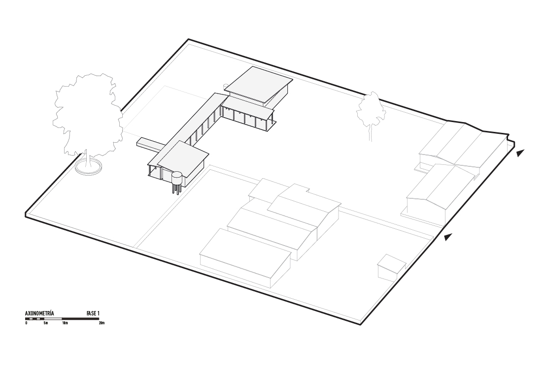 Axonometric drawing showing the site layout with scattered pavilions and surrounding landscape