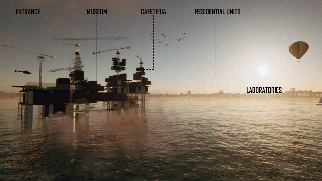 Floating adaptive architecture transforms offshore infrastructure into a modular cultural and residential environment.