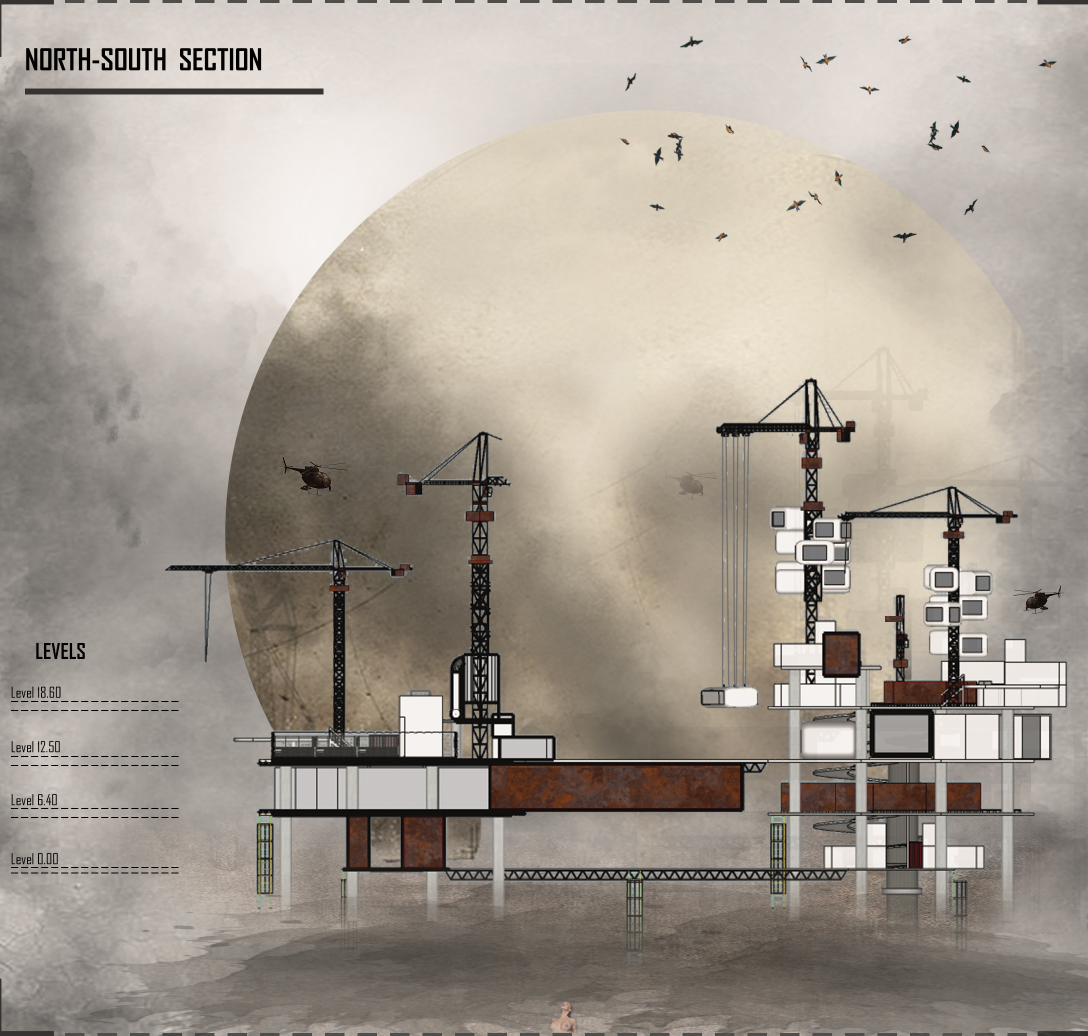 Sectional study revealing the layered relationship between laboratories, museums, and living spaces above the sea.