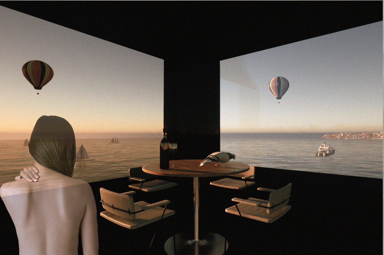 A contemplative cafeteria space frames panoramic ocean views within the adaptive architecture of the floating structure