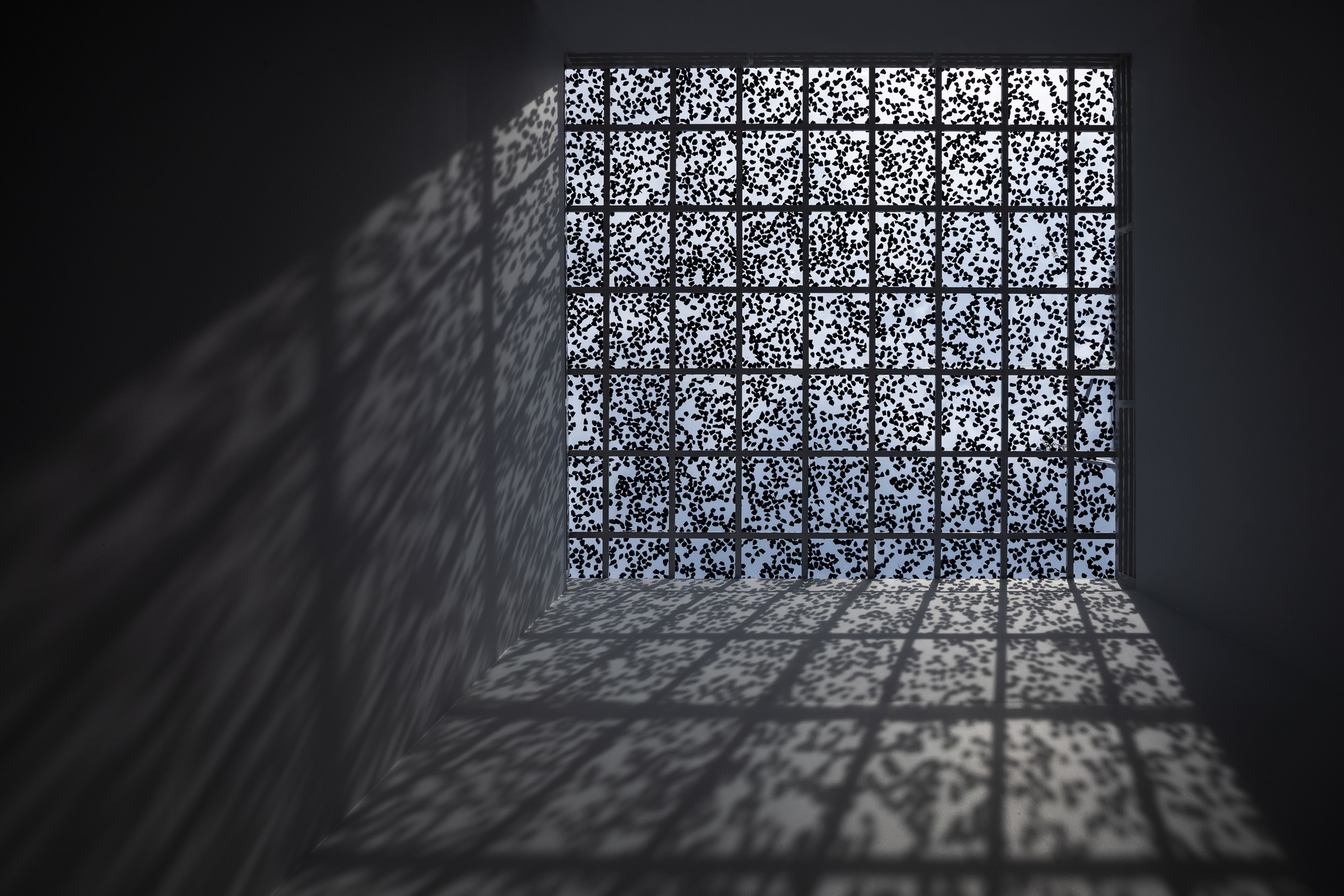 Upward view through perforated metal screen casting dappled shadow patterns on interior walls
