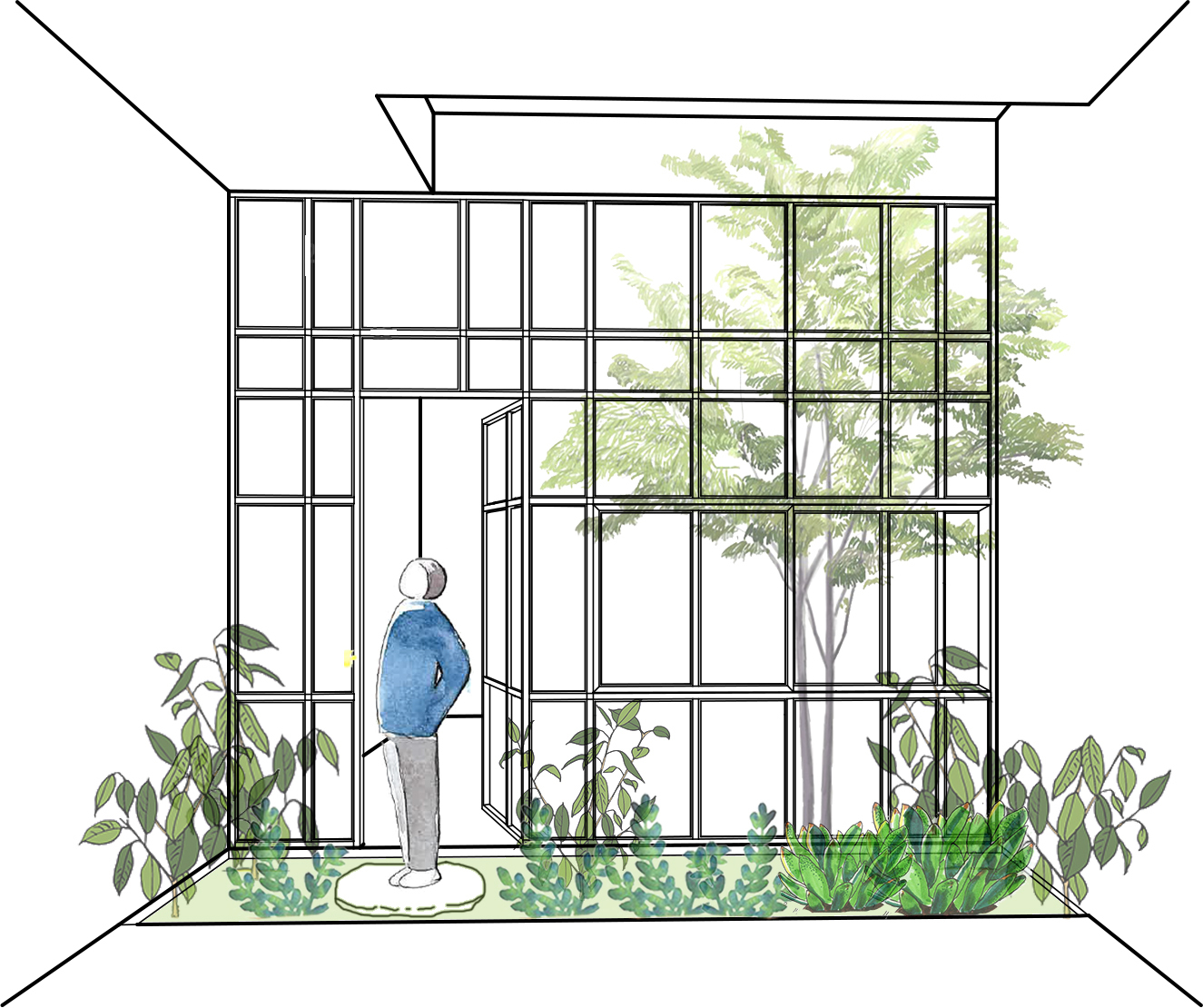 Elevation drawing of a gridded glass facade with a courtyard tree and figure in blue