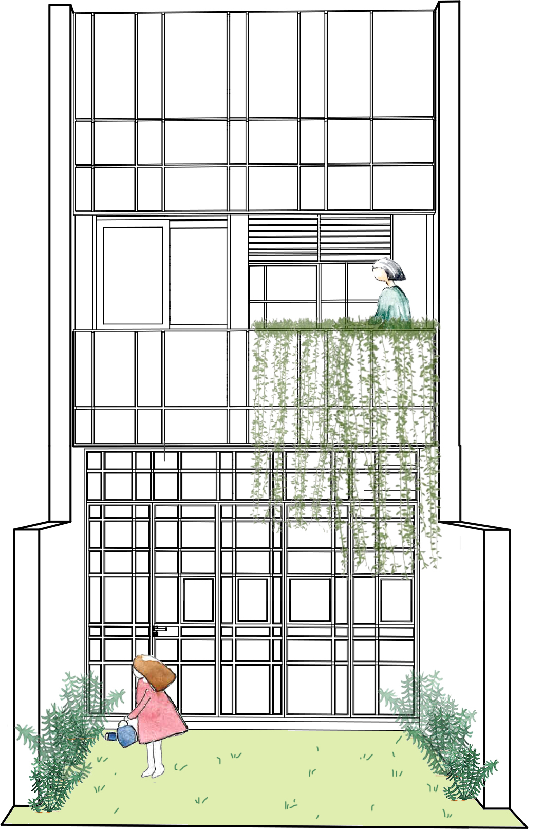 Section elevation drawing of a multi-story gridded facade with planted terraces and child below