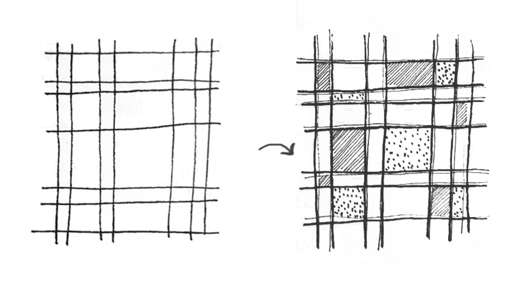 Diagram sketches showing transformation of uniform grid into varied panel infill composition