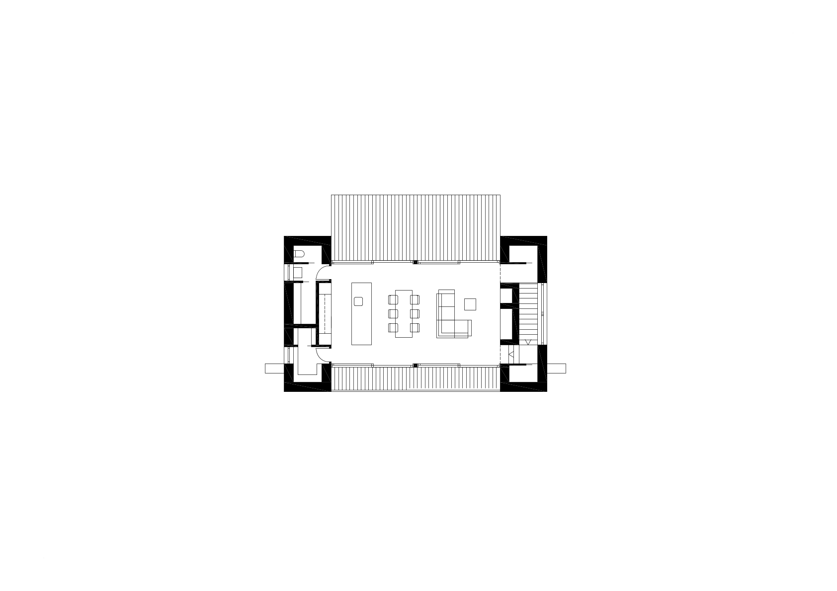 Floor plan drawing of the upper level showing open living and dining spaces