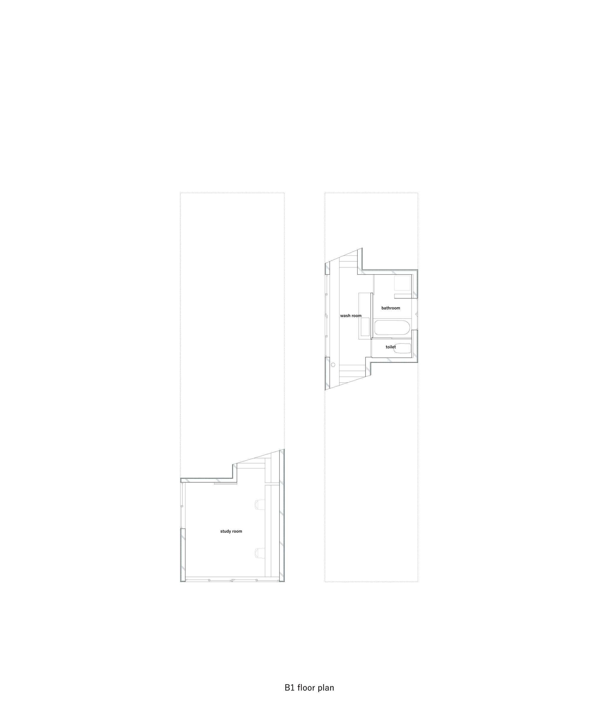 Floor plan drawing showing two offset rectangular volumes with bathroom and bedroom spaces
