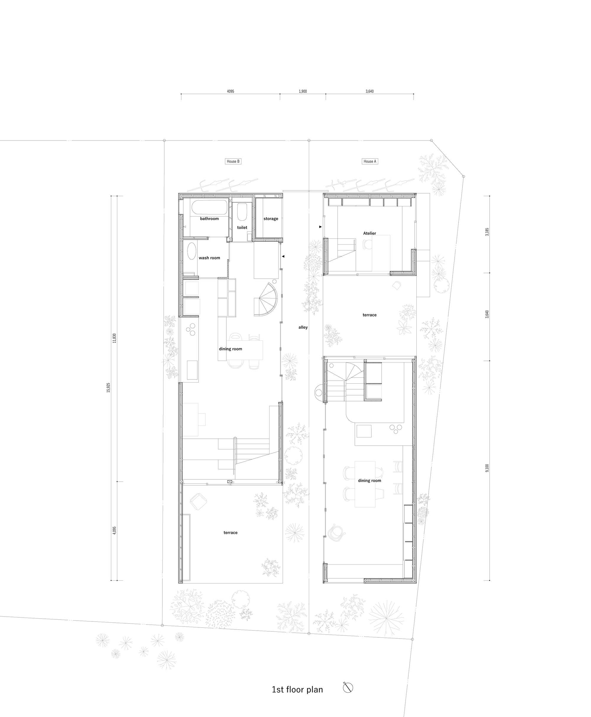 First floor plan drawing showing split volumes with terraces and courtyard plantings