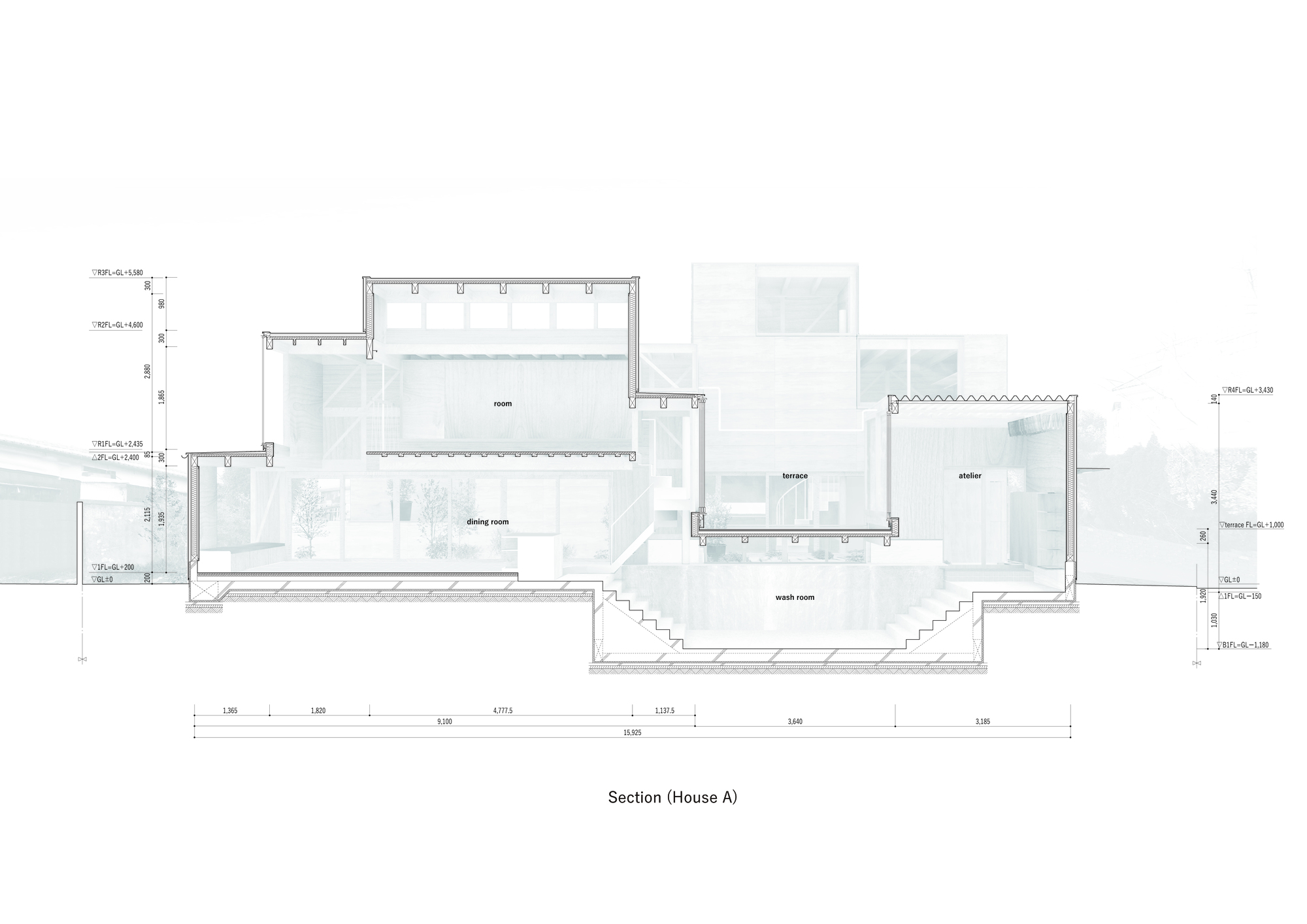 Section drawing showing multi-level spaces with clerestory windows and stepped floor plates