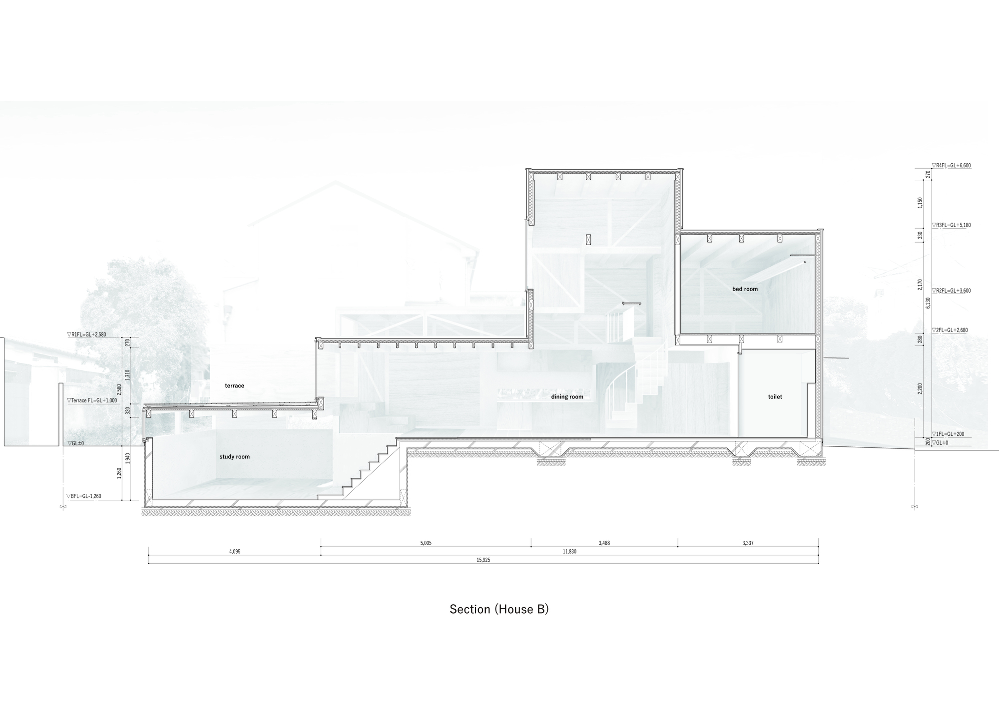 Section drawing showing split-level volumes with stairs connecting dining and living areas