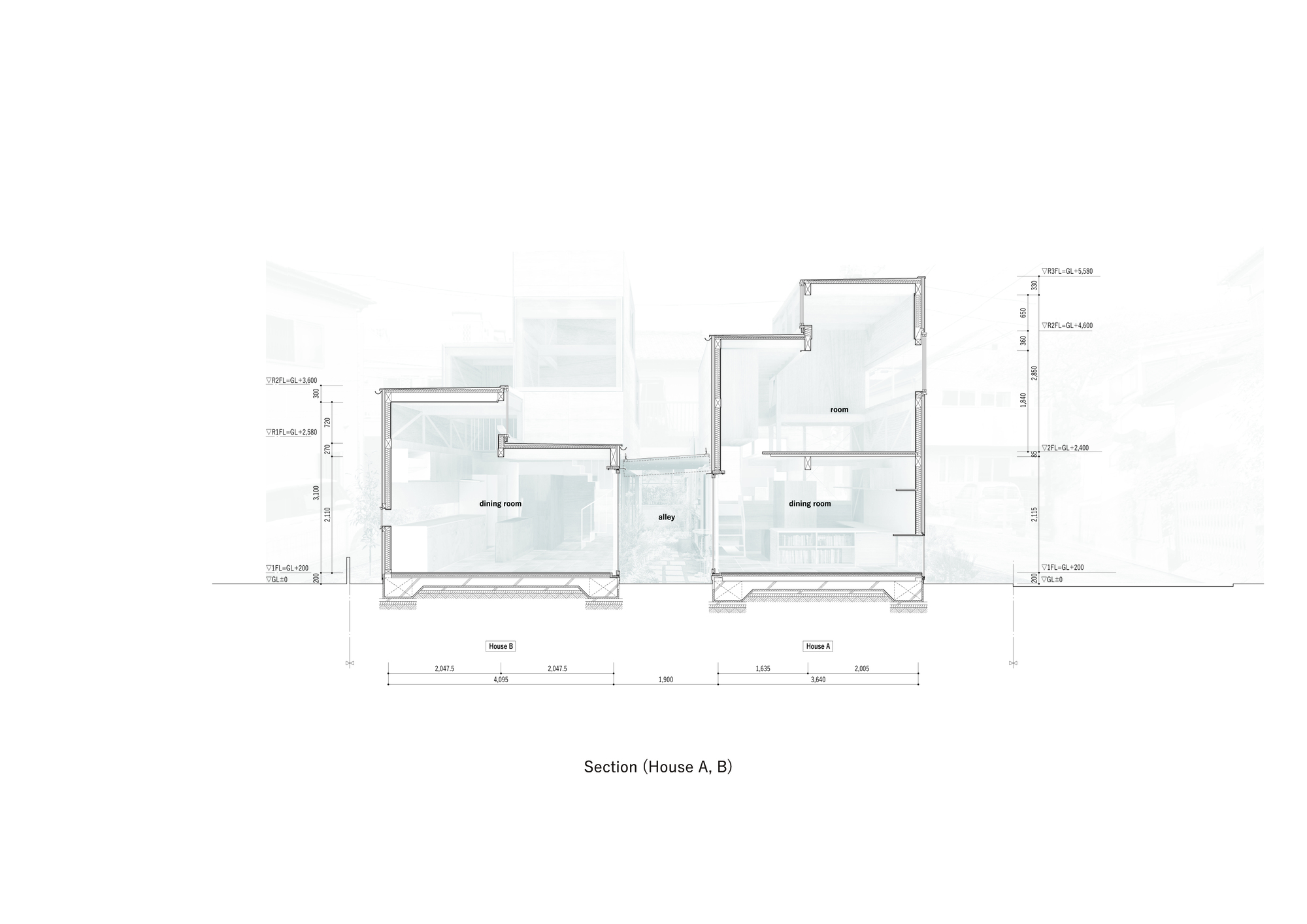 Section drawing through two houses showing split-level interior spaces and stepped roof volumes