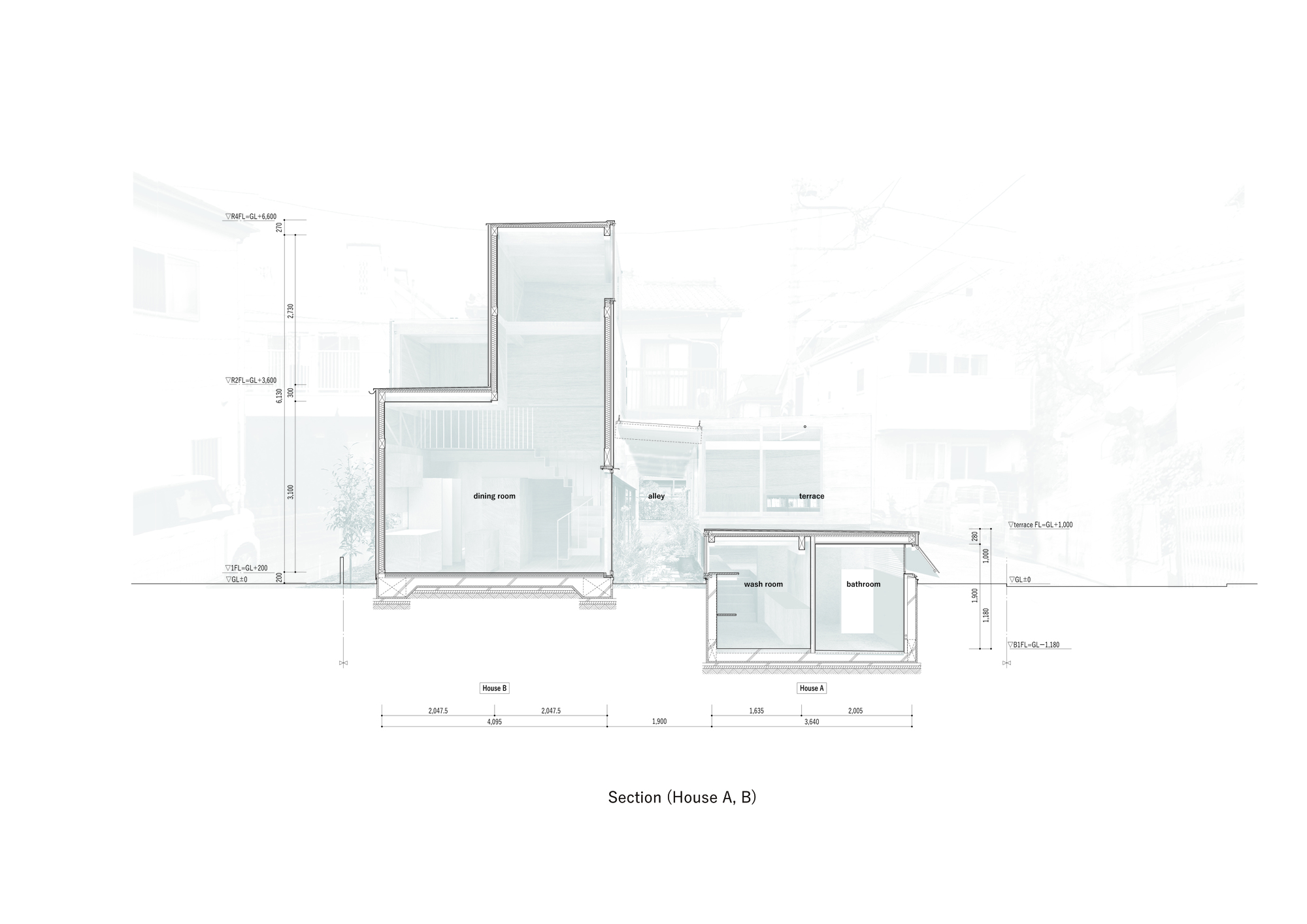 Section drawing revealing the varied ceiling heights and spatial relationships between dining room office and bathroom