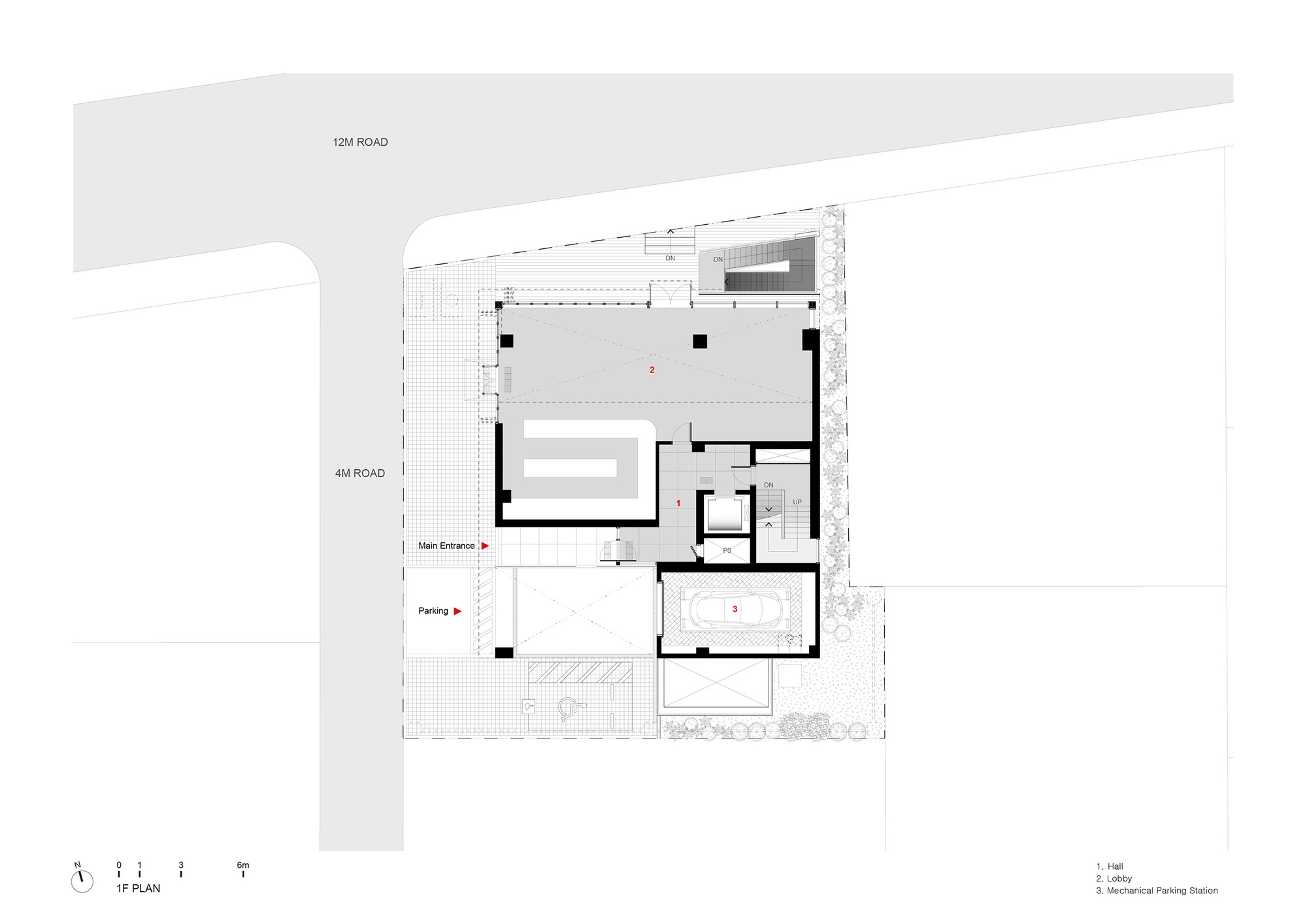 Ground floor plan drawing showing entrance lobby, parking, and service areas between two roads