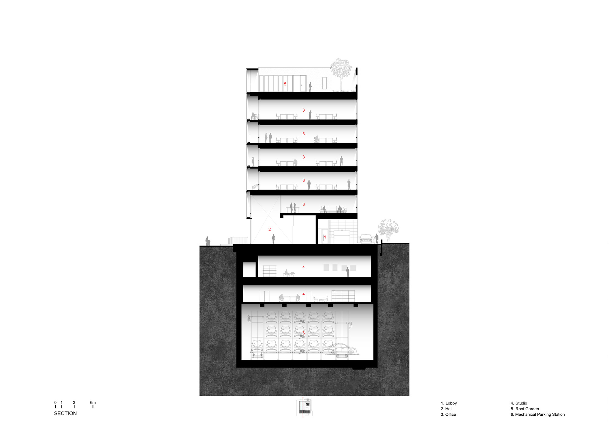 Section drawing showing tower above grade and two basement parking levels carved into the ground