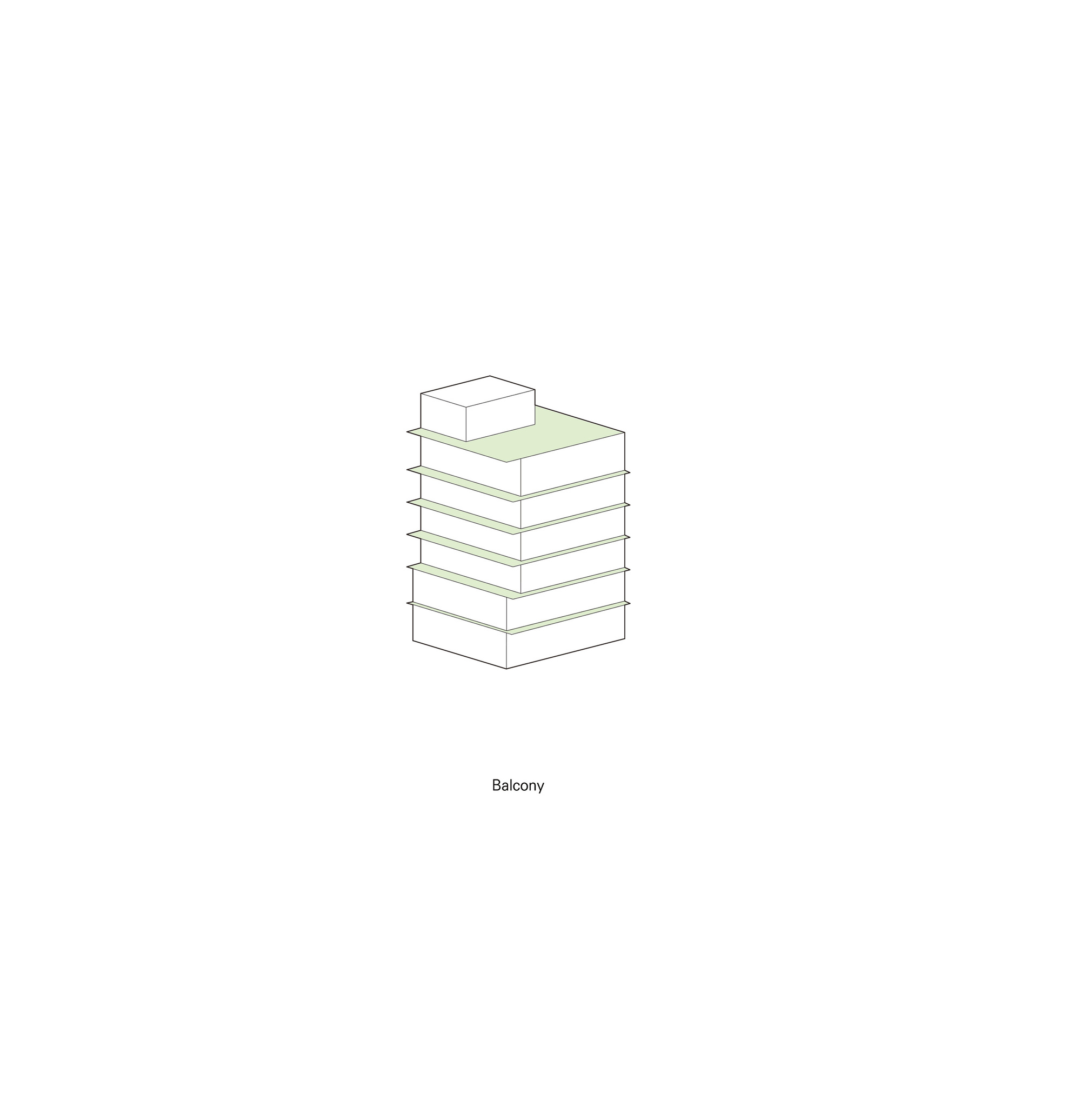Axonometric drawing showing stacked floor plates with green balconies projecting from the facade