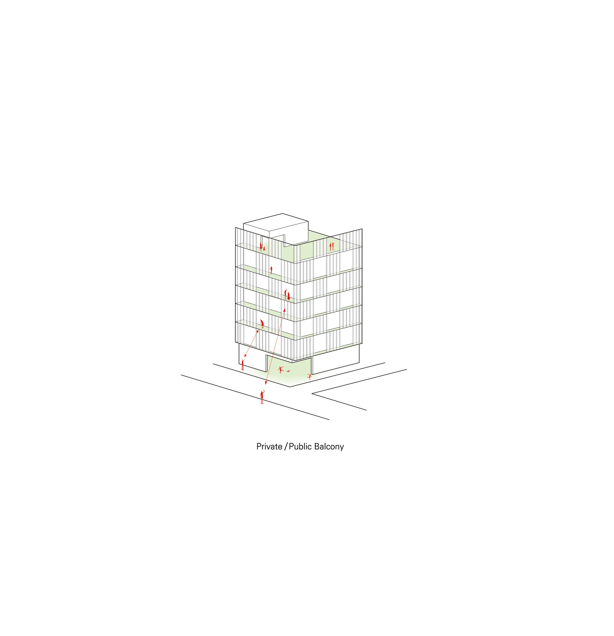 Isometric drawing showing a tower with mixed private and public balconies marked in red