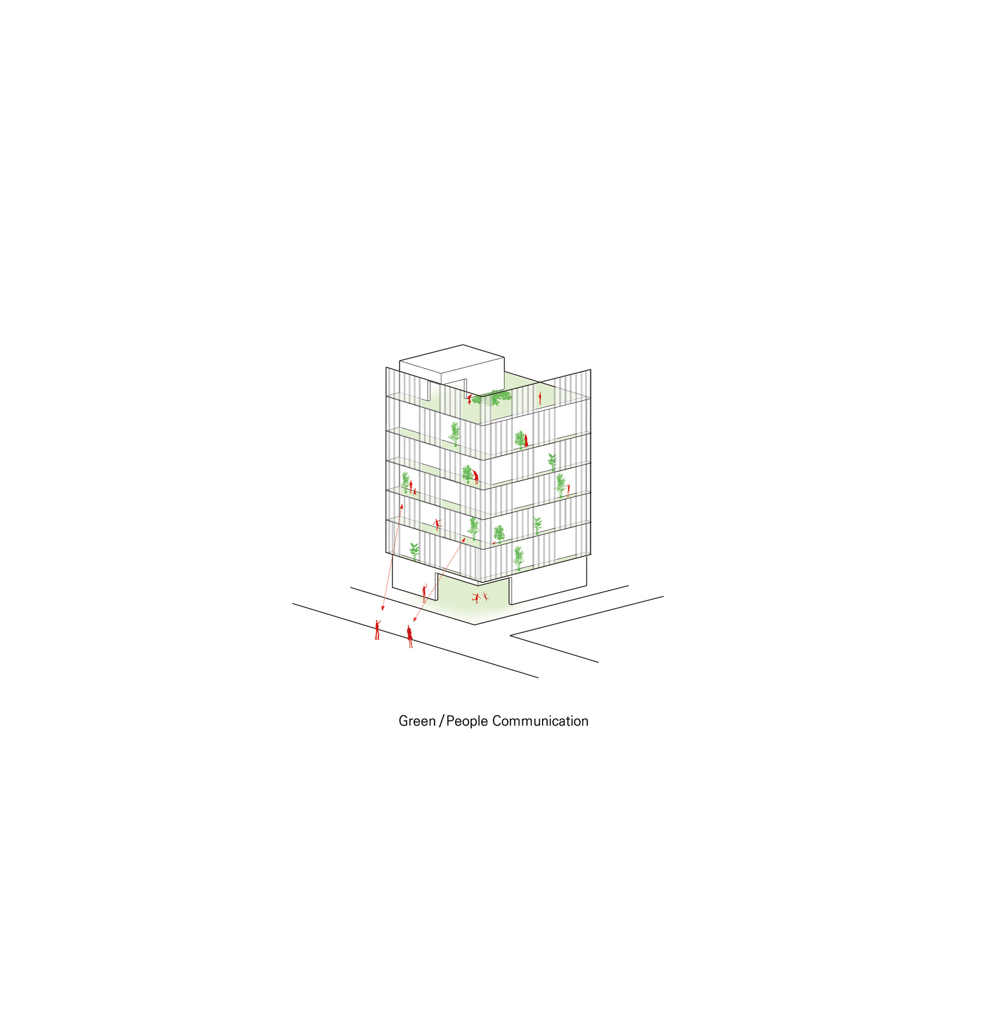 Isometric drawing of a tower with green planted balconies and pedestrians at street level