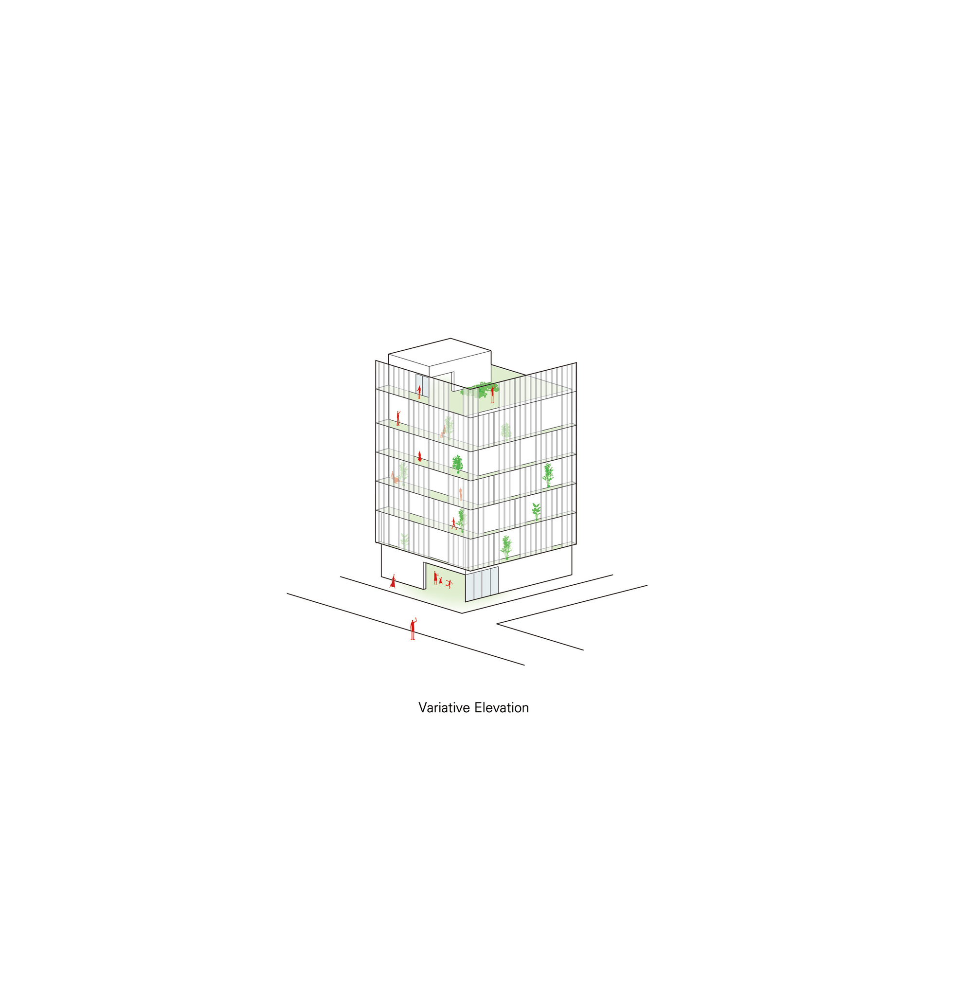 Elevation drawing showing a tower facade with alternating balconies and planted terraces