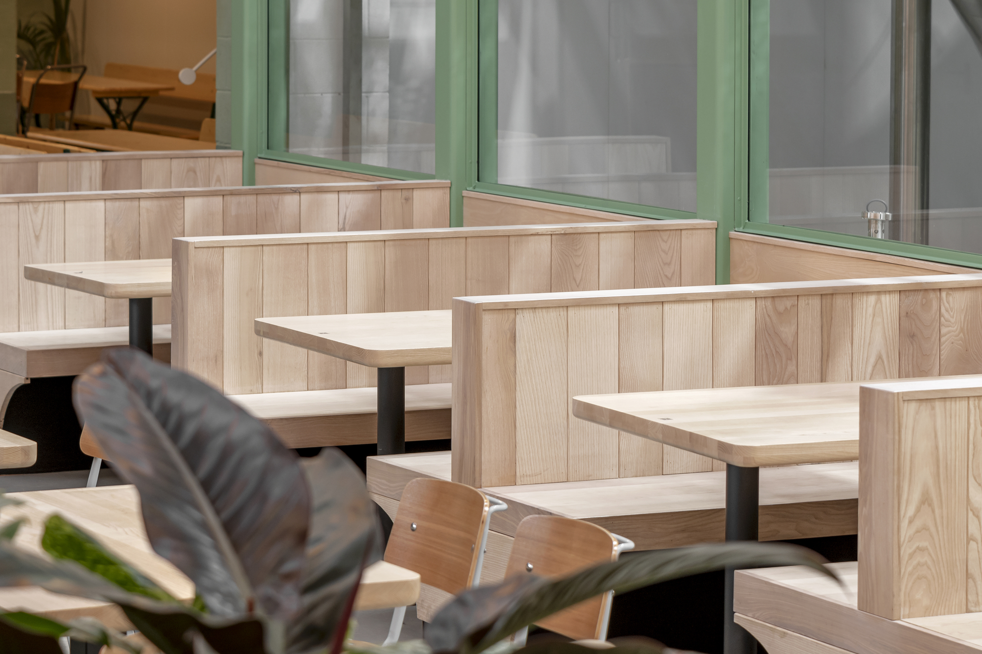 Close-up of light timber booth seating with vertical wood paneling and fixed tabletops near plant leaves