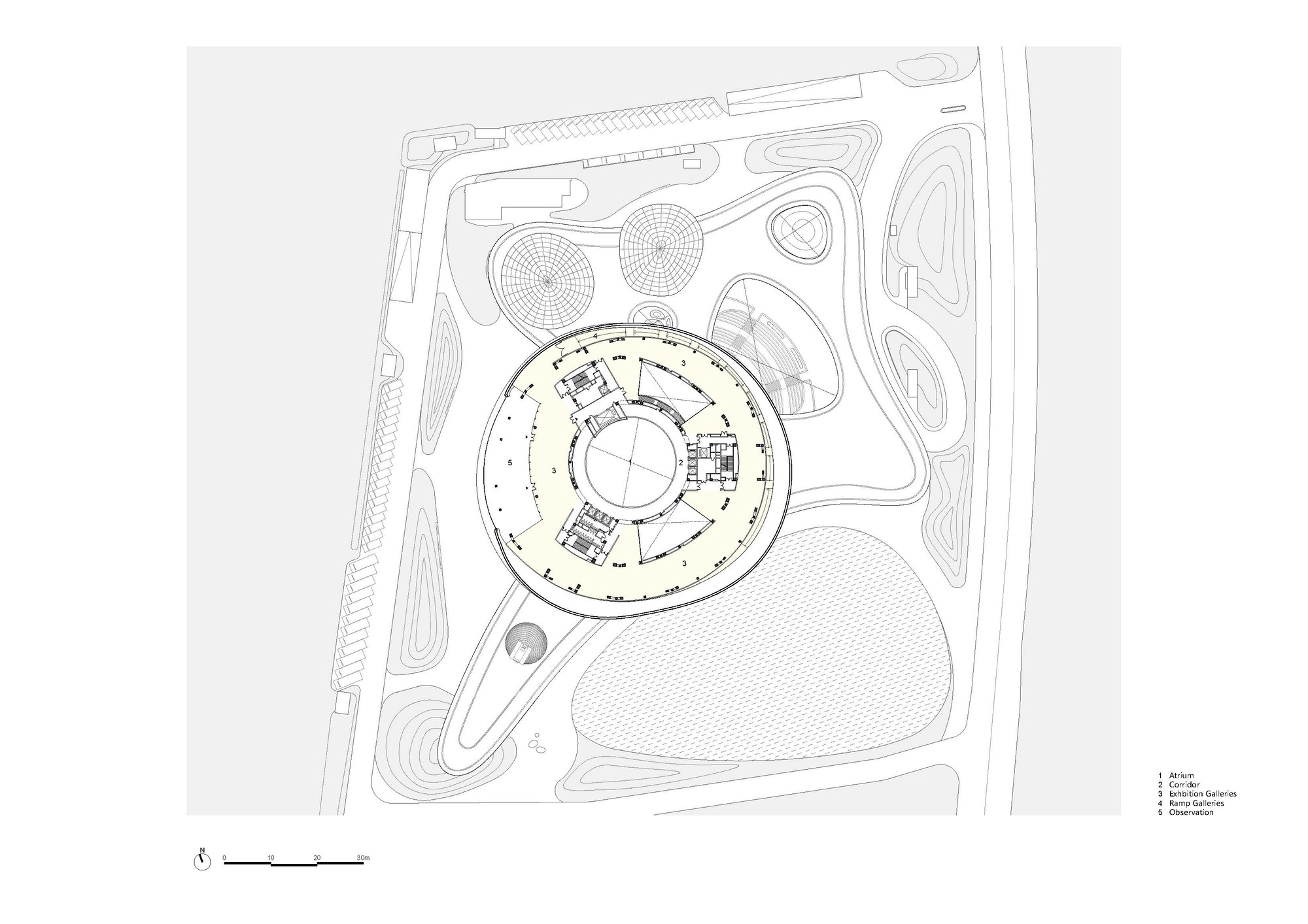 Floor plan drawing showing a ring-shaped gallery level with a central void