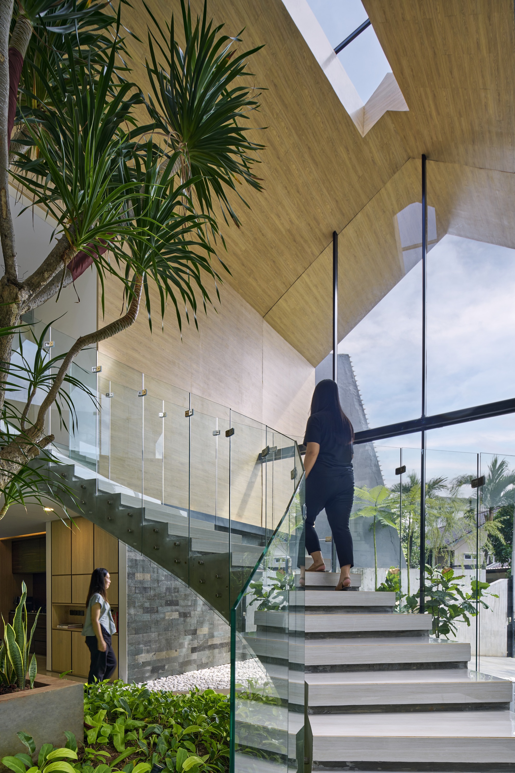 Interior staircase with glass balustrade rising through the double-height space with palms and skylight above
