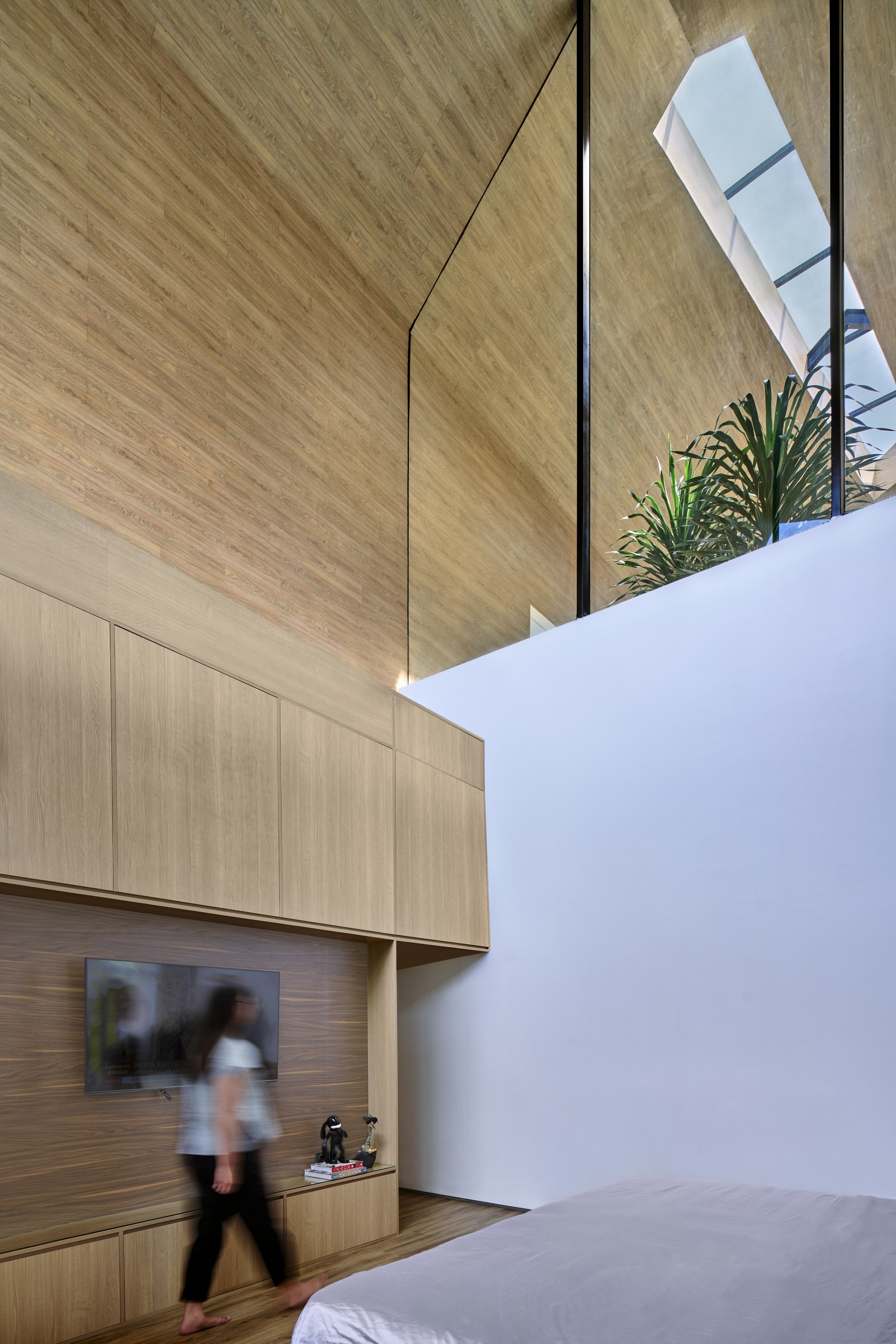 Bedroom with built-in timber cabinetry and wall-mounted television beneath a folded skylight with palm fronds