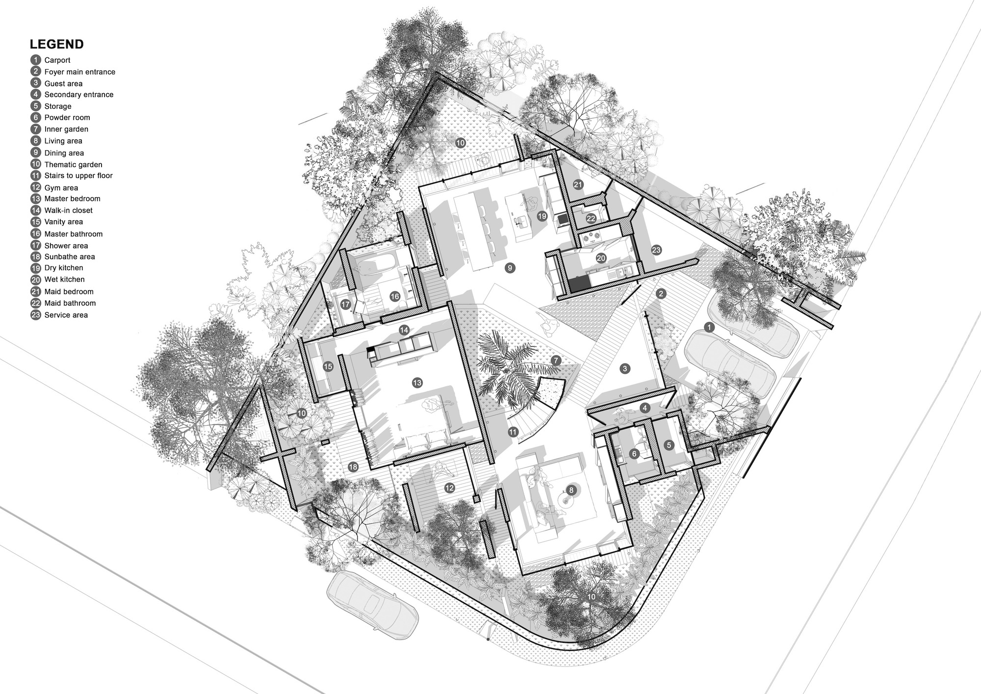 Ground floor plan drawing showing the interior layout with surrounding landscaped trees and courtyards
