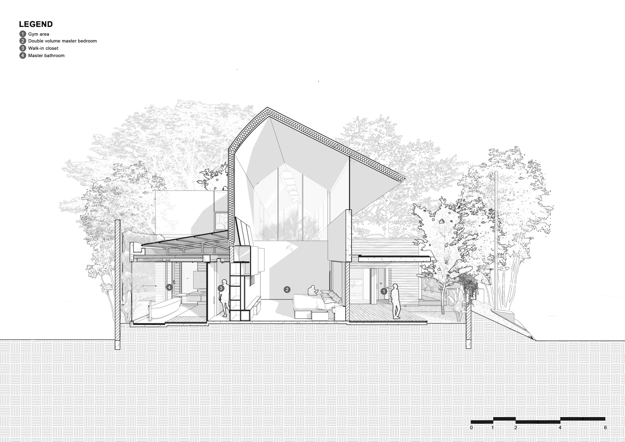 Section drawing through a two-story residence showing interior volumes and figures surrounded by trees