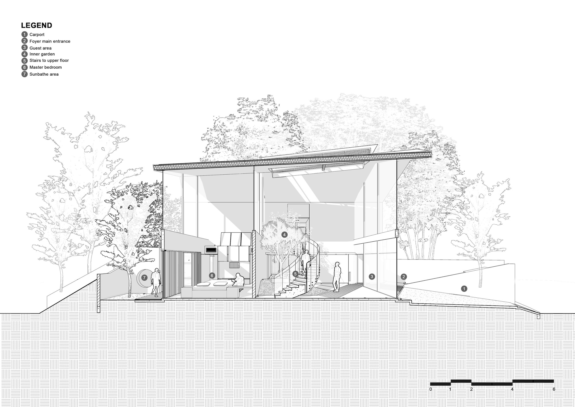 Section drawing revealing a double-height living space with spiral stair and figures in landscape