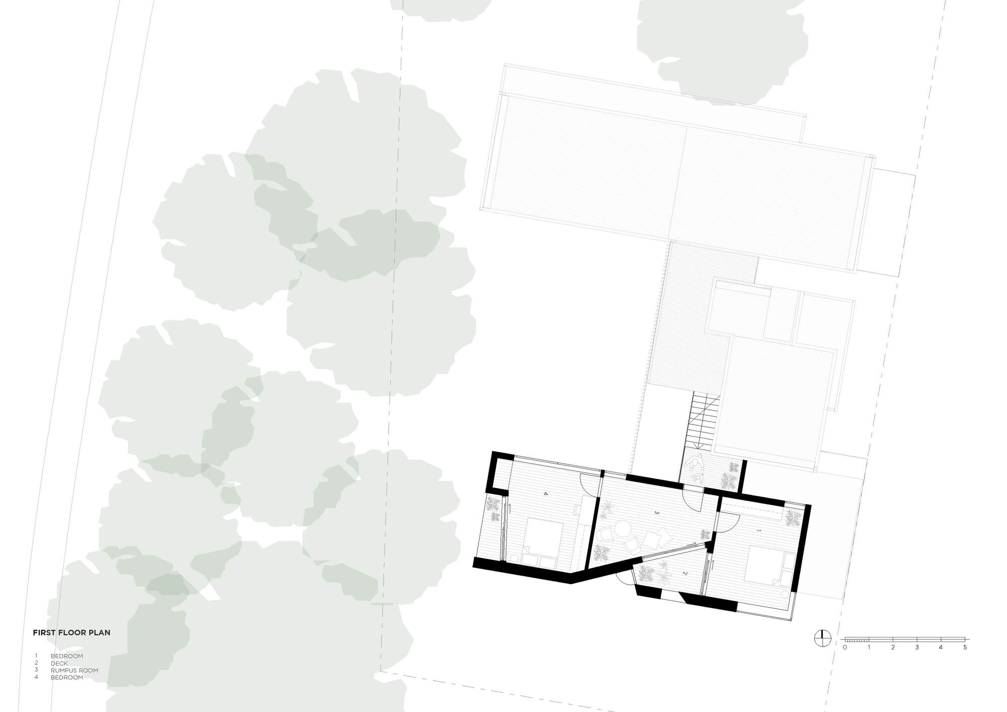 First floor plan drawing showing bedroom and study spaces with surrounding tree canopies
