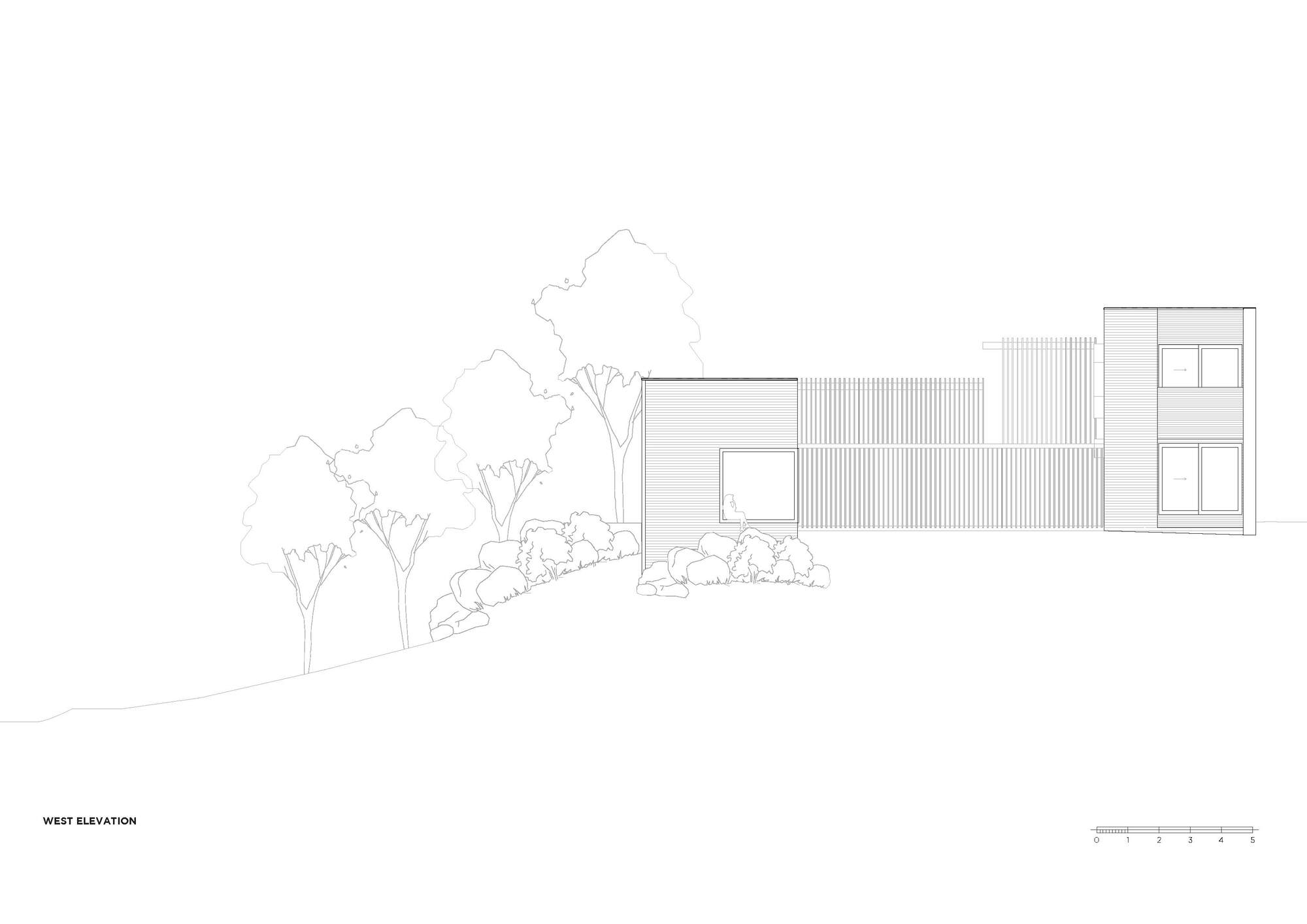 West elevation drawing depicting horizontal cladding and stacked volumes among landscaped plantings