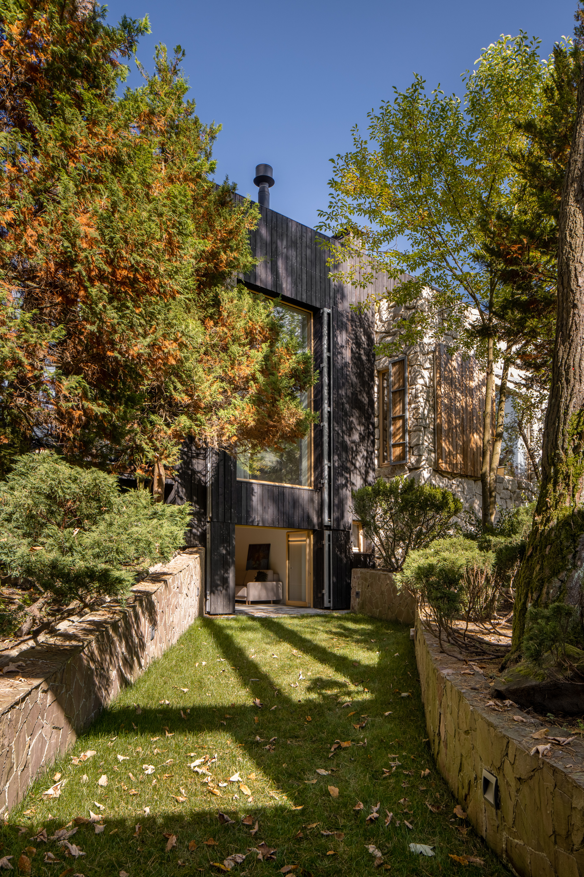 Courtyard view of the dark timber volume rising between stone retaining walls with dappled tree shadows