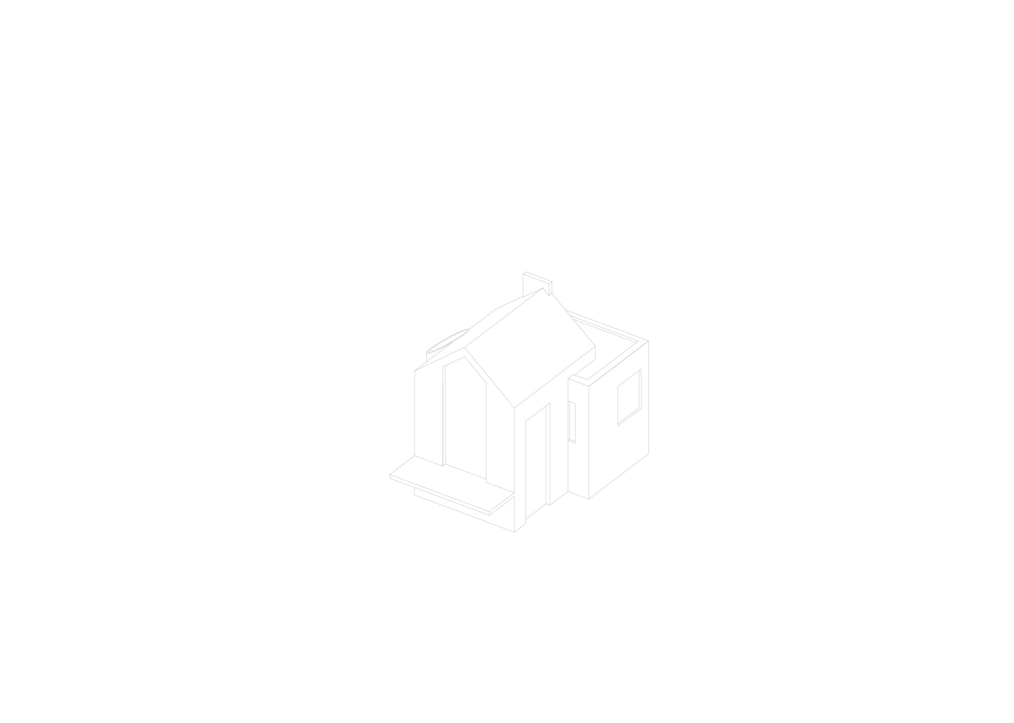 Axonometric drawing showing a compact gabled volume with vertical fenestration and solid walls