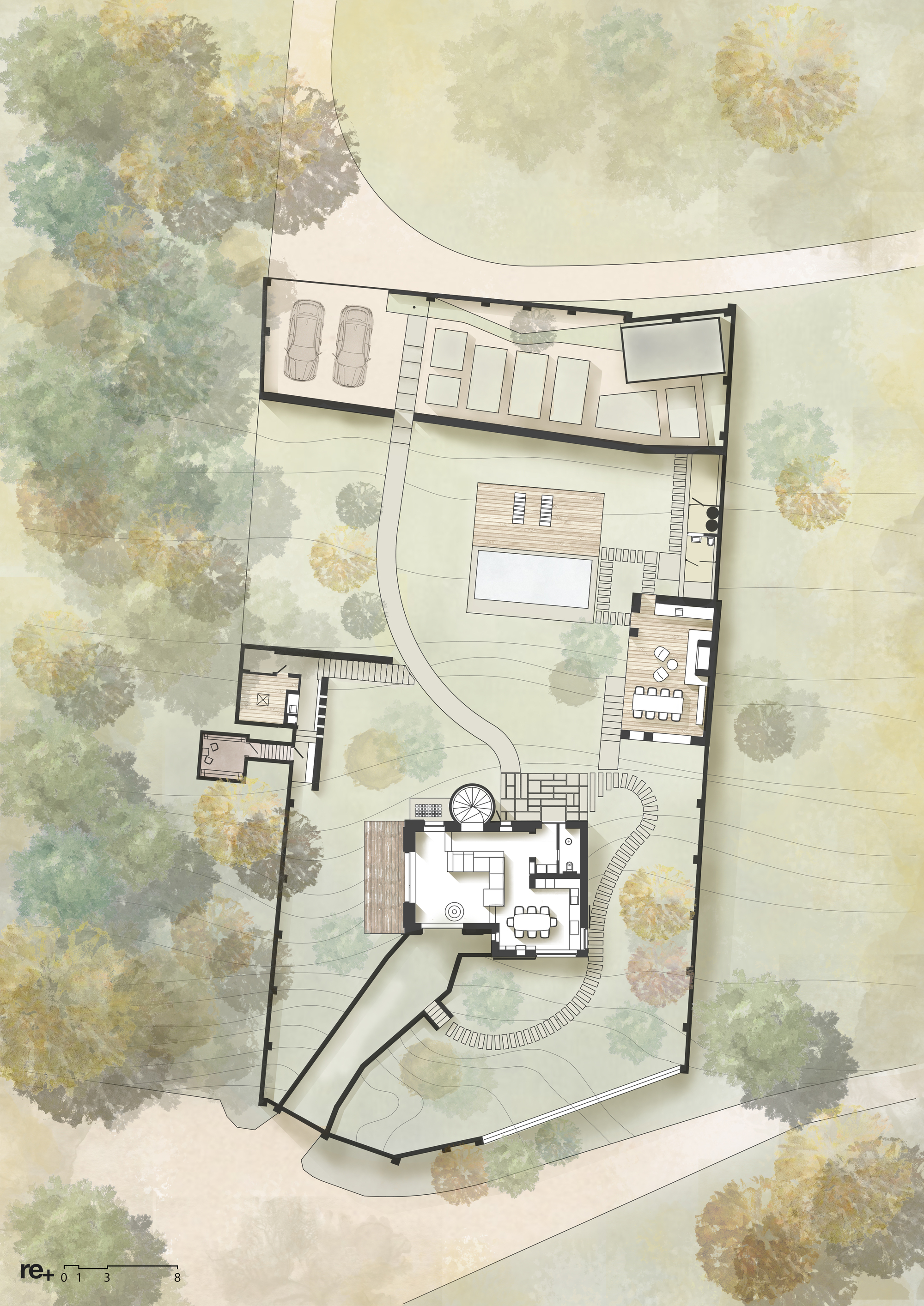 Site plan drawing with two structures, a curved path, and pool amid watercolor-rendered tree canopies