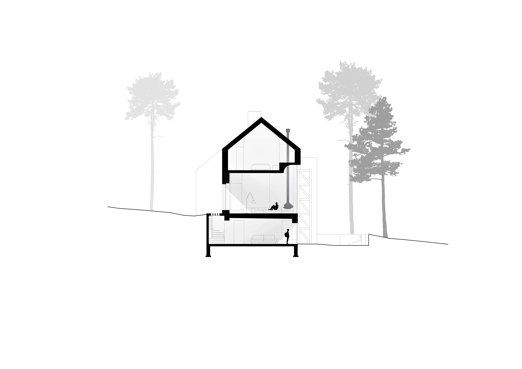 Section drawing showing the gabled roof profile and interior levels with silhouette trees on sloping terrain