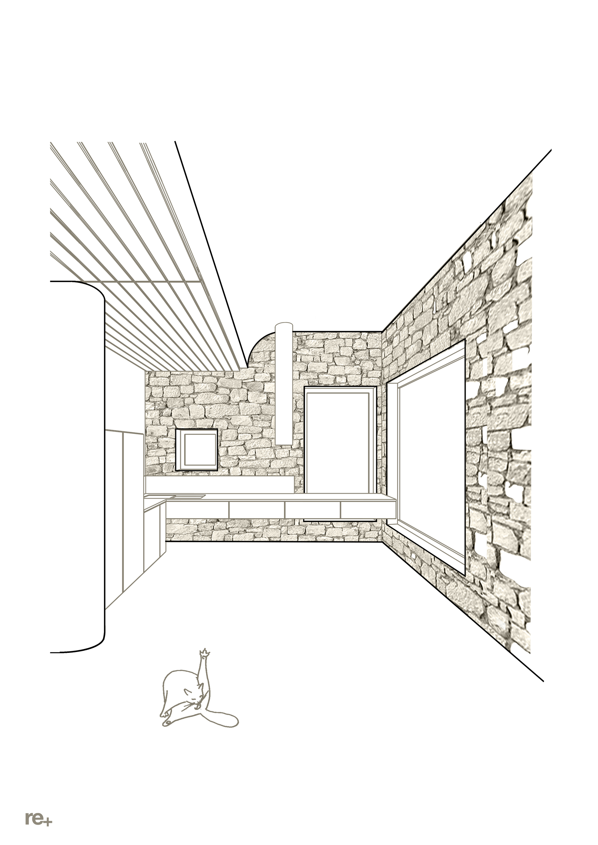 Perspective sketch of stone-walled interior with skylight beams and a seated figure on the floor