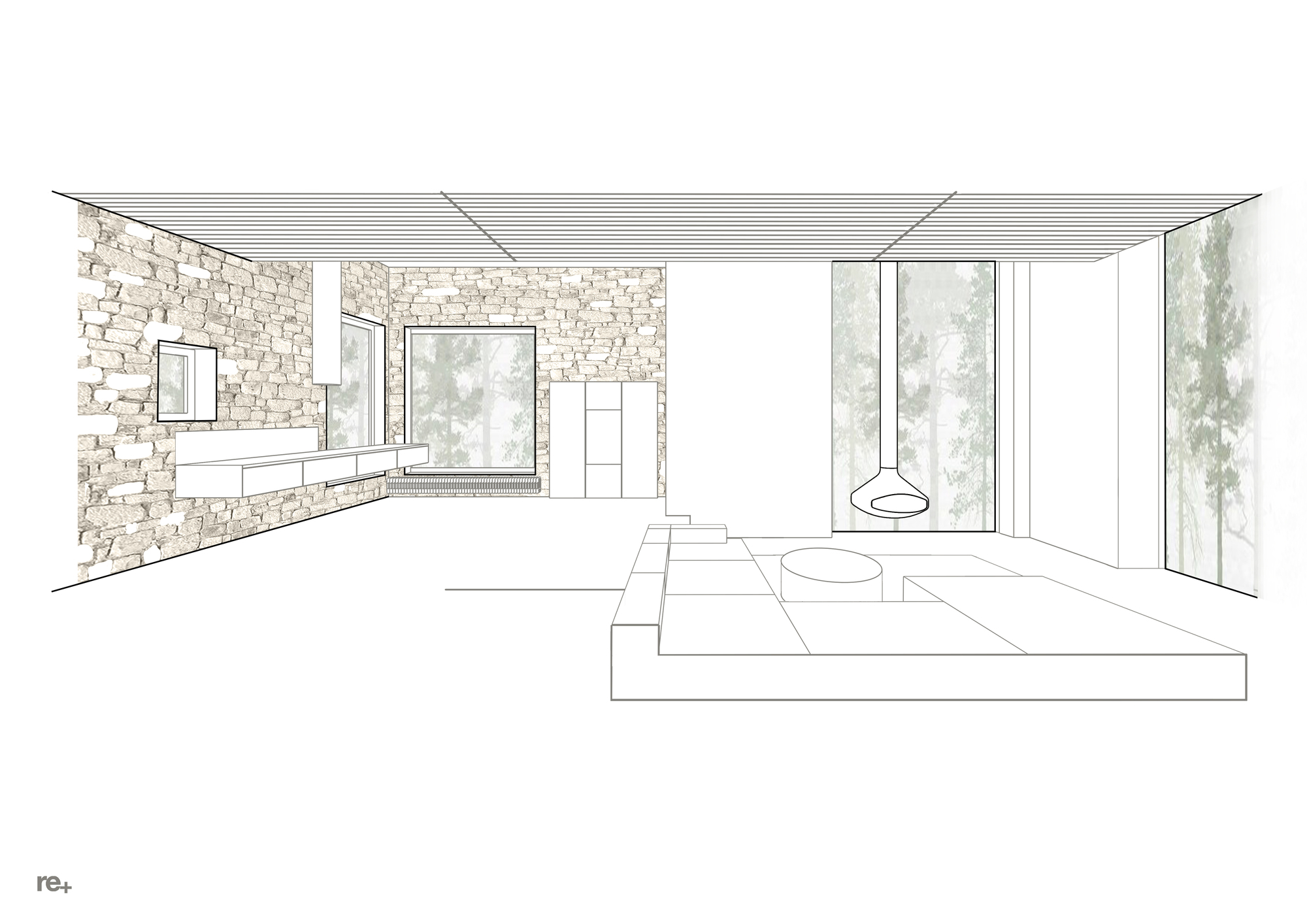 Interior perspective drawing showing stone walls, glazed openings, raised platform, and pendant fireplace with trees beyond